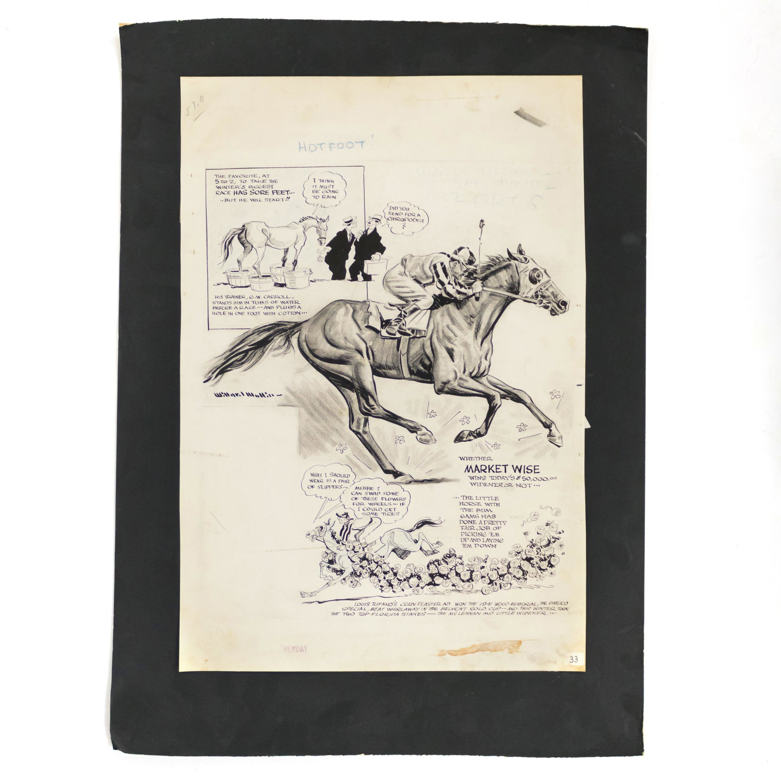 Willard Mullin AP Sports Drawing Cartoon Hotfoot!: Willard Mullin (American, 1902–1978). An original mid 20th Century artist proof horse illustration, hand drawn in pencil and ink. The comic strip drawing depicts American Champion Thoroughbred raceh