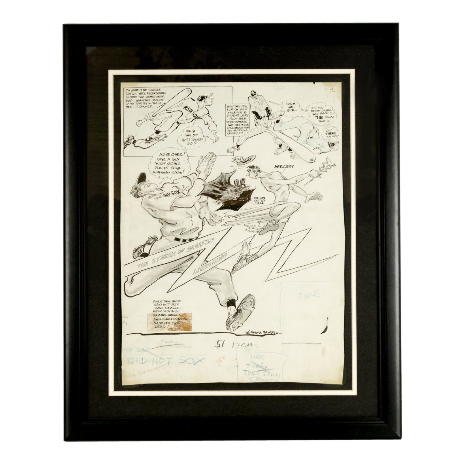 Willard Mullin RED HOT SOX Sports Drawing Cartoon: Willard Mullin (American, 1902–1978). An original 20th century AP artist proof illustration, hand drawn c. 1948 in pencil and ink. The comic strip drawing depicts the rivalry during the 1948 Basebal