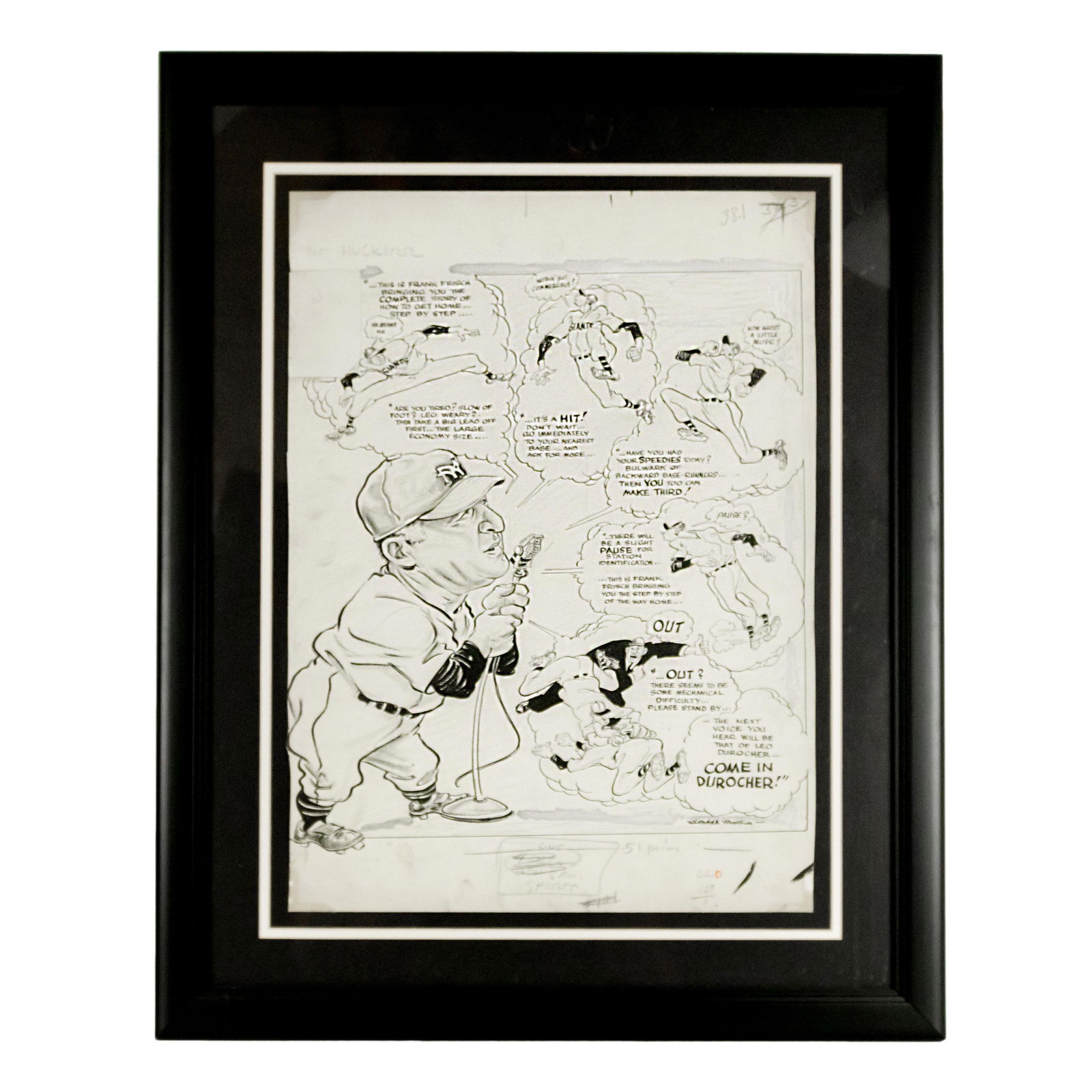 Willard Mullin THE HUCKSTER Sports Drawing Cartoon: Willard Mullin (American, 1902–1978). An original artist proof illustration, hand drawn c. 1948 in pencil and ink by 20th century American sports cartoonist Willard Mullin. The comic strip drawing d