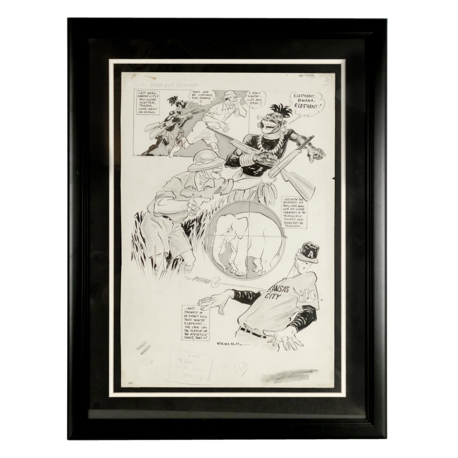 Willard Mullin DEAD EYE FRANKIE Sports Drawing AP: Willard Mullin (American, 1902–1978). An original artist proof illustration cartoon, hand drawn c. 1961 in pencil and ink. The comic strip drawing references the difficulties of Kansas City Athletic