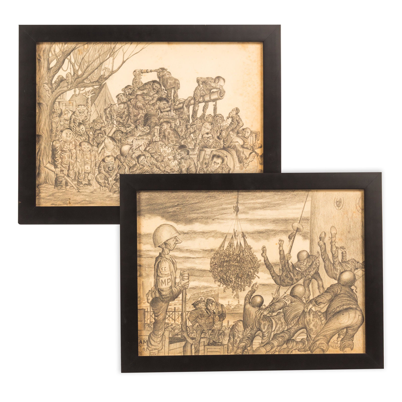 2 Military Signed Pencil Cartoon Illustrations LOT: Pair of signed mystery artist pencil on paper illustrations. Depicts cartoon scenes with soldiers. Signed AM lower left on one and on verso on the second. Measures 20 in. x 14 1/2 in. (sight), 23 1/2 