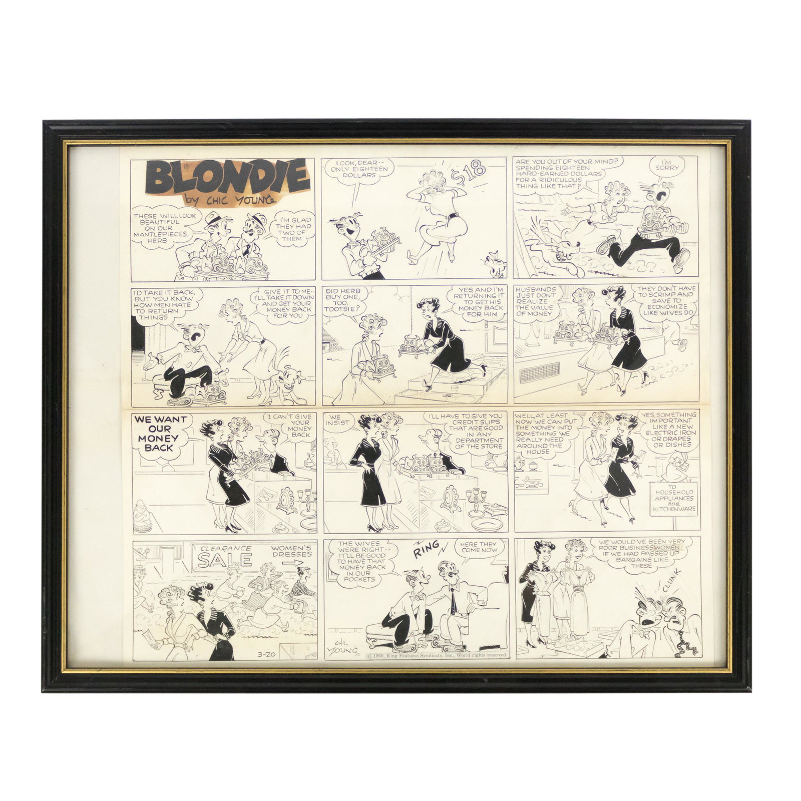 Chic Young Blondie Sunday Comic Strip Original Art: Murat Bernard "Chic" Young (American, 1901–1973). A framed original artist proof signed and dated March 20, 1960 by American cartoonist Chic Young, creator and illustrator of Blondie from 1930. Feat