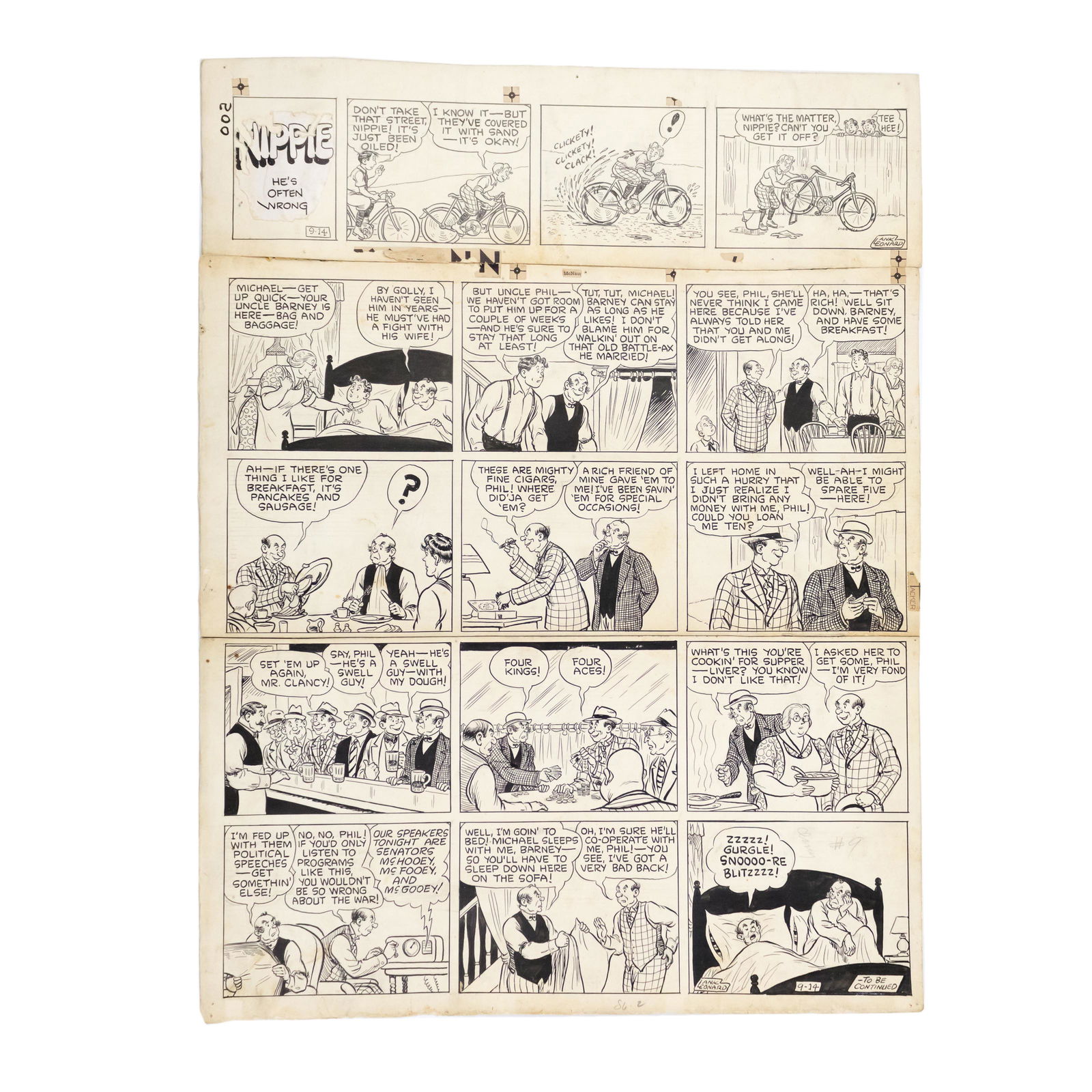 Lank Leonard Framed Mickey Finn Comic Strip Art: Lank Leonard (American, 1896-1970). An original artist proof illustration from the Mickey Finn cartoon series, drawn c. 1940 in pen and ink, by American cartoonist Lank Leonard, its creator and illust