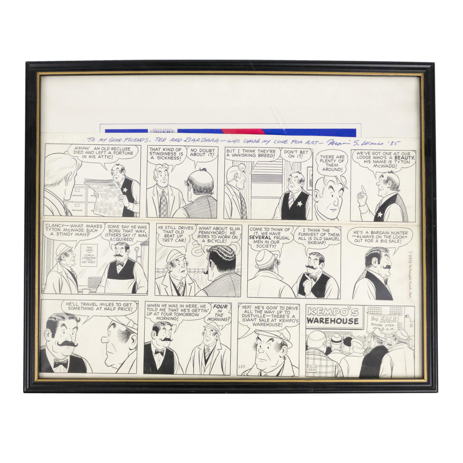 Morris Weiss Framed Mickey Finn Comic Strip Art: Morris Weiss (American, 1915-2014). An original artist proof illustration from the Mickey Finn cartoon series, drawn c. 1972 in pen and ink, by American cartoonist Morris Weiss, its illustrator from 1