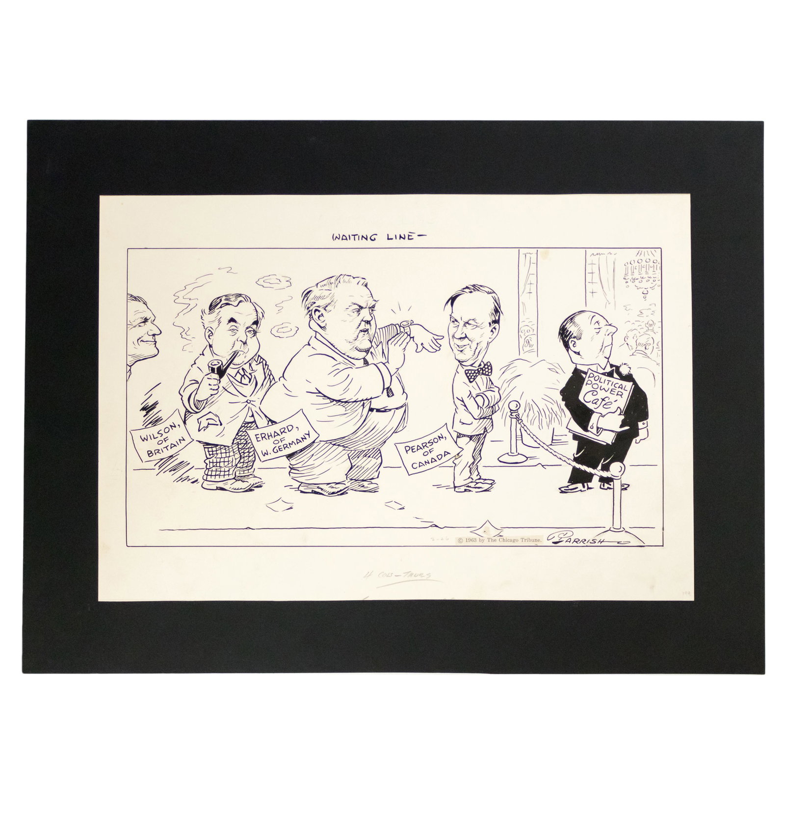 Joseph Parrish Chicago Tribune Political Cartoon: Joseph Parrish (American, 1905-1989). A hand drawn pen and ink original artist proof comic strip political editorial cartoon by American illustrator Joseph Parrish, who was editorial cartoonist at the