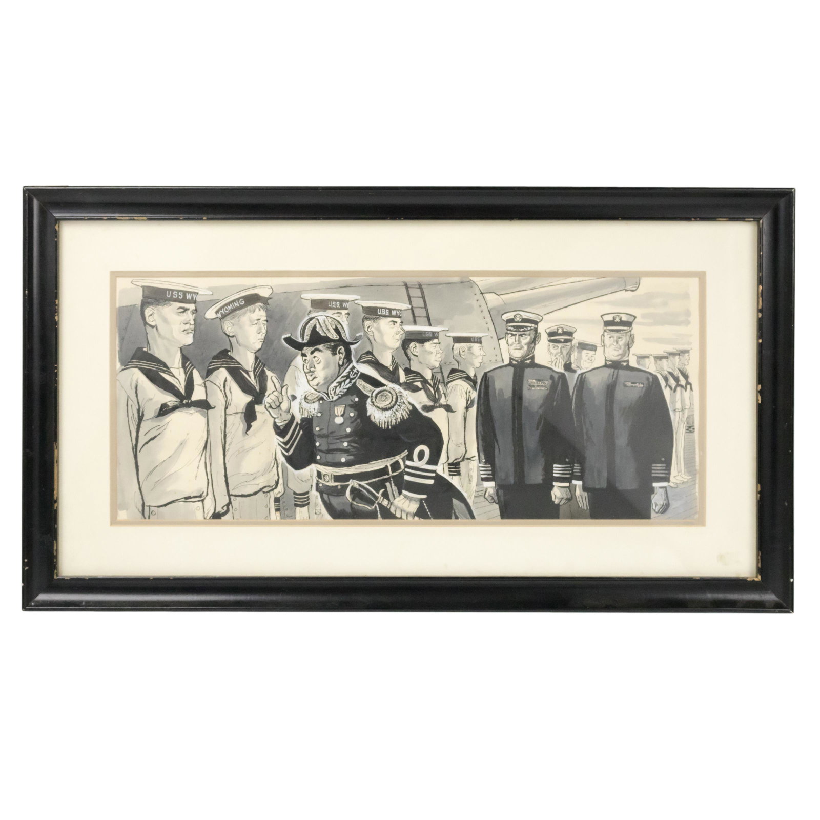 Naval Illustrated Mixed Media AP Magazine Art: A framed, illustrated mixed media artist proof cartoon illustration depicting a naval inspection, produced in whimsical style, aboard the dreadnought battleship USS Wyoming (1910-1947), known as the C