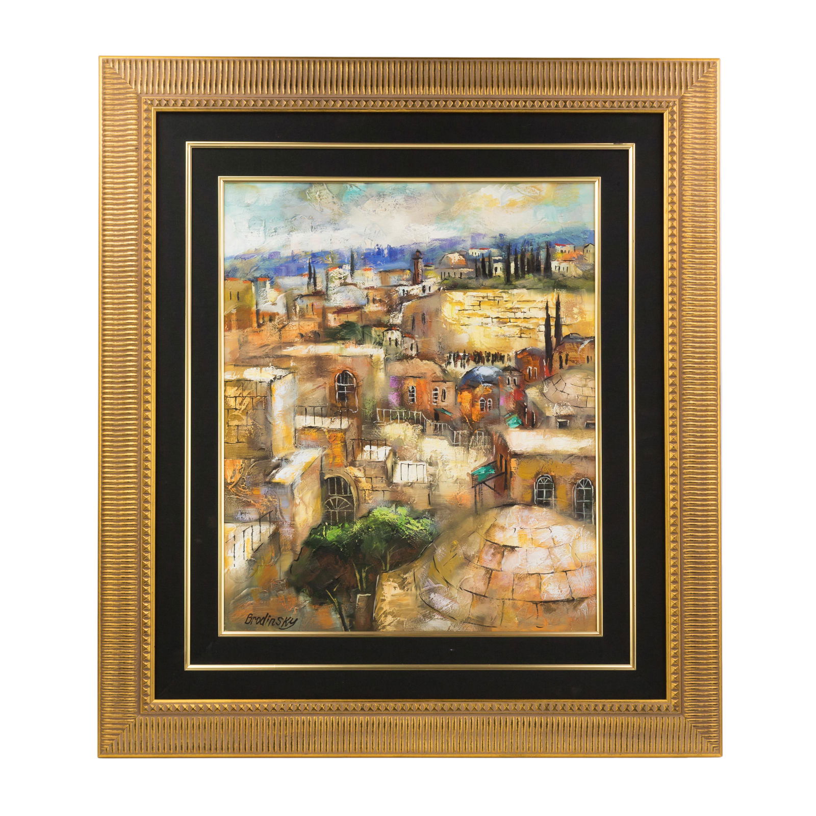 Slava Brodinsky Signed Jerusalem Oil Painting: Slava Brodinsky (Russian, Israeli b. 1955). A framed contemporary oil painting on canvas, depicting the evocative cityscape of the Old City of Jerusalem, including a view of the Dome of the Rock on th