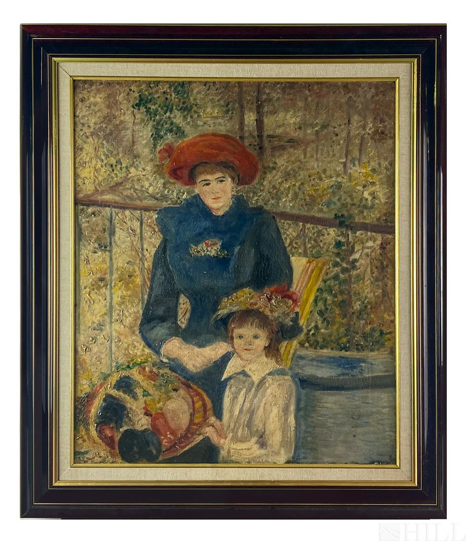 Oil On Canvas Painting After Pierre Auguste Renoir: Original Impressionist oil painting on canvas, a recreation of the 1881 work Two Sisters On the Terrace by Renoir (1841-1919). Measures 24 in. x 20 in. (sight), 31 in. x 27 in. (framed). Good overall 