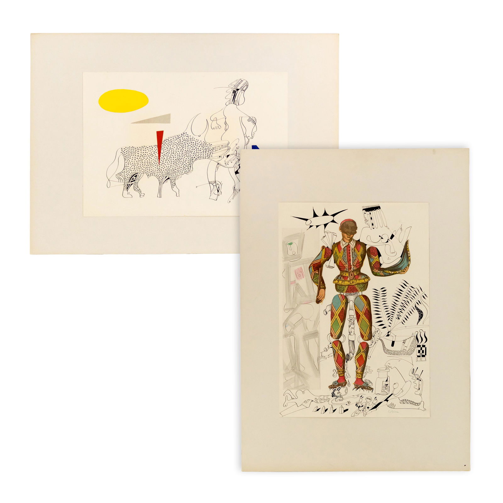 2 Eduard Oliva Mixed Media Ink & Pencil Collage: Eduard Oliva (Spanish, 20th Century). A pair of mixed media collages on paper. Depicts a pair of surrealist images. Signed lower right. Measures 18 in. x 12 3/4 in. (sight), 19 1/2 in. x 27 1/4 in. (m