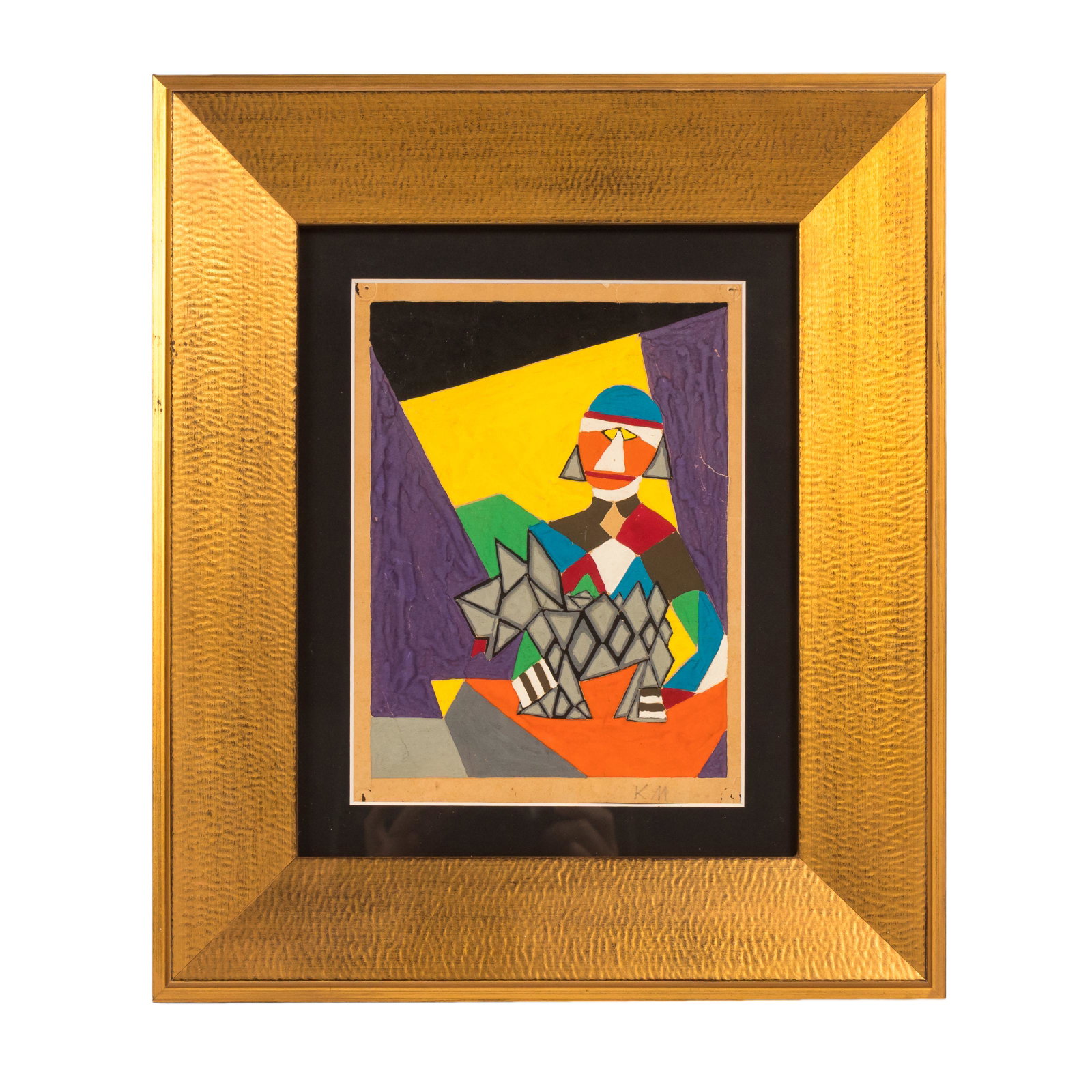 Mystery Artist Signed Gouache on Paper Painting: Mystery artist signed KM modernist gouache on paper painting. Depicts a cubist form of a figure and dog. Signed in pencil lower right. Measures 8 1/2 in. x 6 3/4 in. (sight), 15 3/4 in. x 13 1/2 in. (