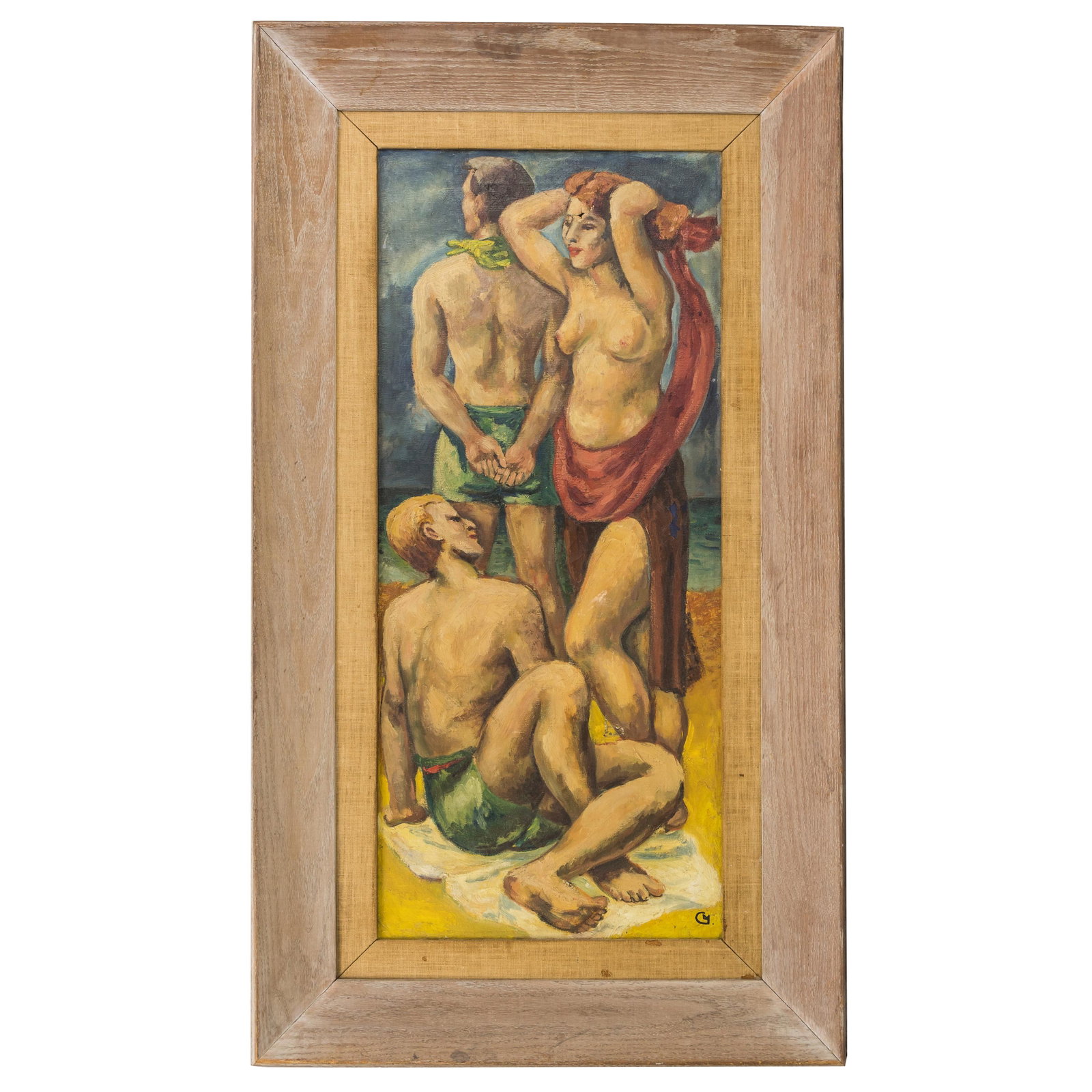 Mystery Artist WPA Style Figural Nude Painting: Signed oil on canvas painting by mystery artist. Depicts a WPA style scene with two male figures and one semi nude female figure on the beach. Monogram signature lower right. Measures 36 in. x 16 in. 