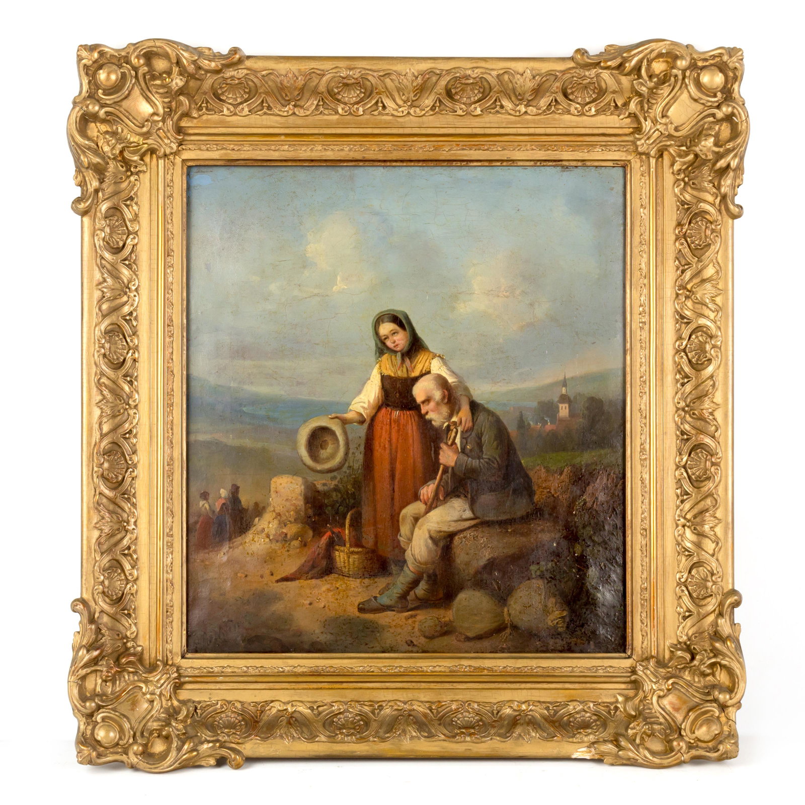 French Village Oil Painting Portrait on Canvas: A vintage oil painting on canvas, depicting a touching landscape scene of an aging French peasant seated on a large stone, while his daughter tends to him. A group of people walking towards a distant 