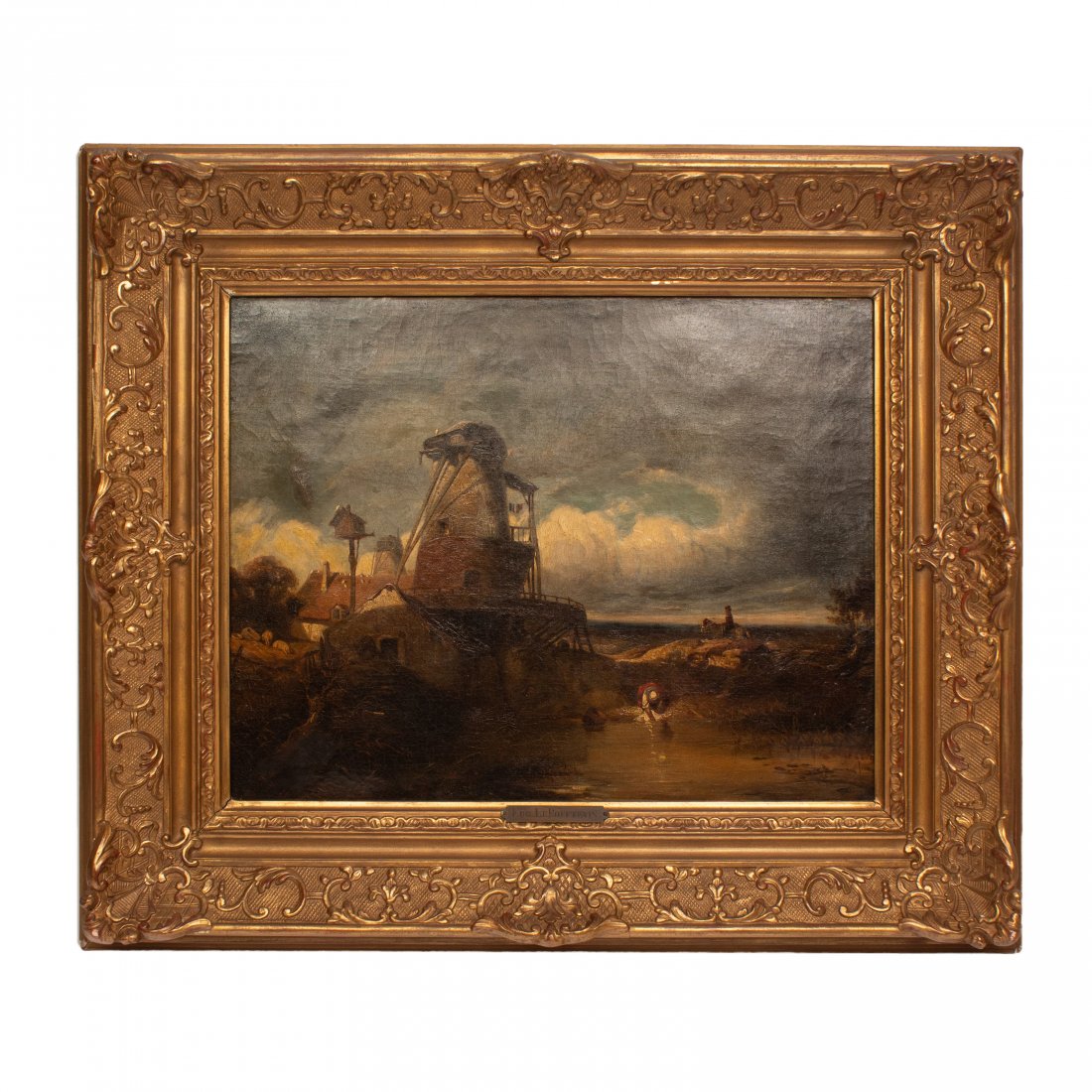 Eugene Lepoittevin 19th C. Oil Landscape Painting: Eugene Lepoittevin (French, 1806-1870). A rich and highly evocative 19th century French landscape depicting a rural scene with a man on horseback approaching a waterside mill with a solitary woman at 