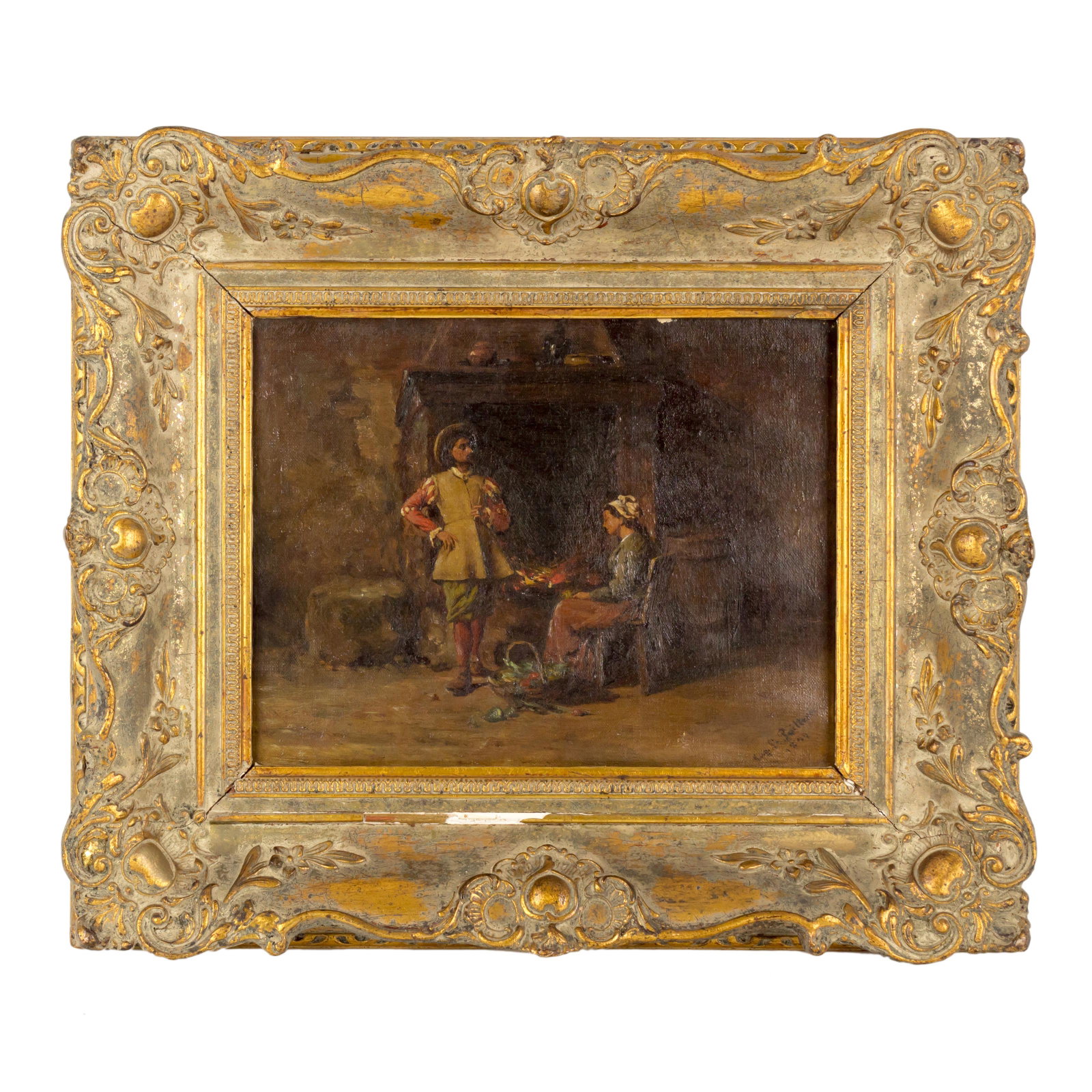 Eugene Lepoittevin 19th C. Oil Painting Portrait: Eugene Lepoittevin (French, 1806-1870). A charming scene in oil on canvas, depicting a cavalier and a young woman, indoors near a hearth. Signed and dated to lower right of EUGENE LEPOITTEVIN 1849, wh