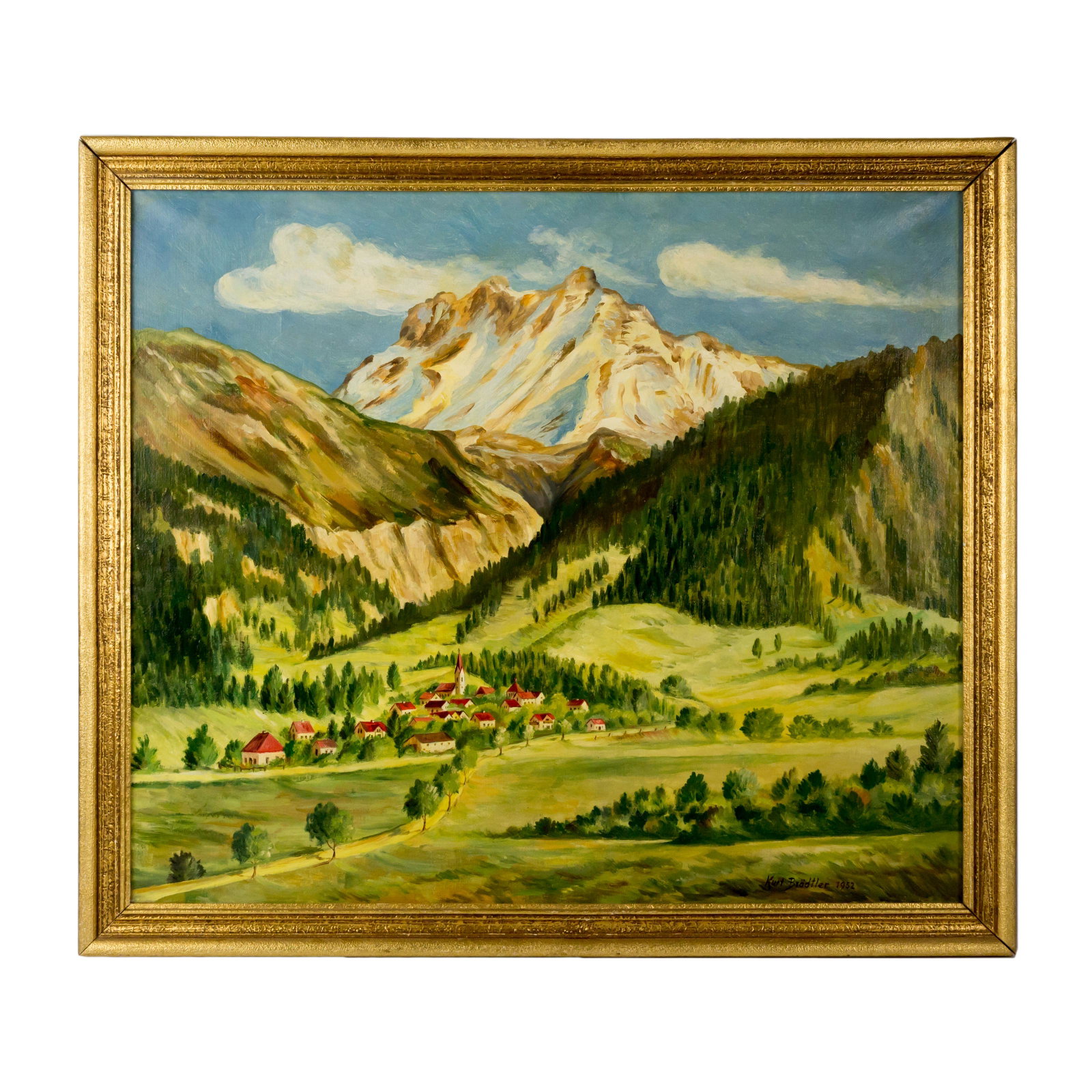 20th Century Bavarian Folk Art Canvas Oil Painting: A mid 20th century framed oil landscape painting on canvas in a highly decorative gilt frame, depicting an idyllic scene of a small Bavarian village nestled in an Alpine landscape, captured in soft na