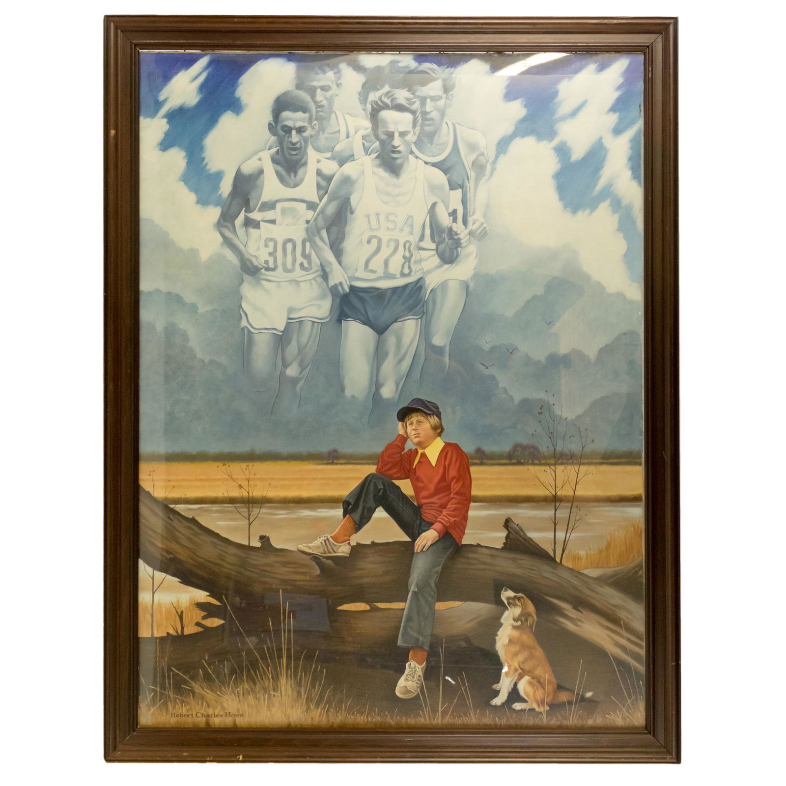 Robert Charles Howe Signed Olympics Oil Painting: Robert Charles Howe (American, 1954-2002). An original framed oil painting on canvas, titled "Dreams of Greatness," produced for the 1976 Summer Olympics, held in Montreal, Canada. It depicts a young