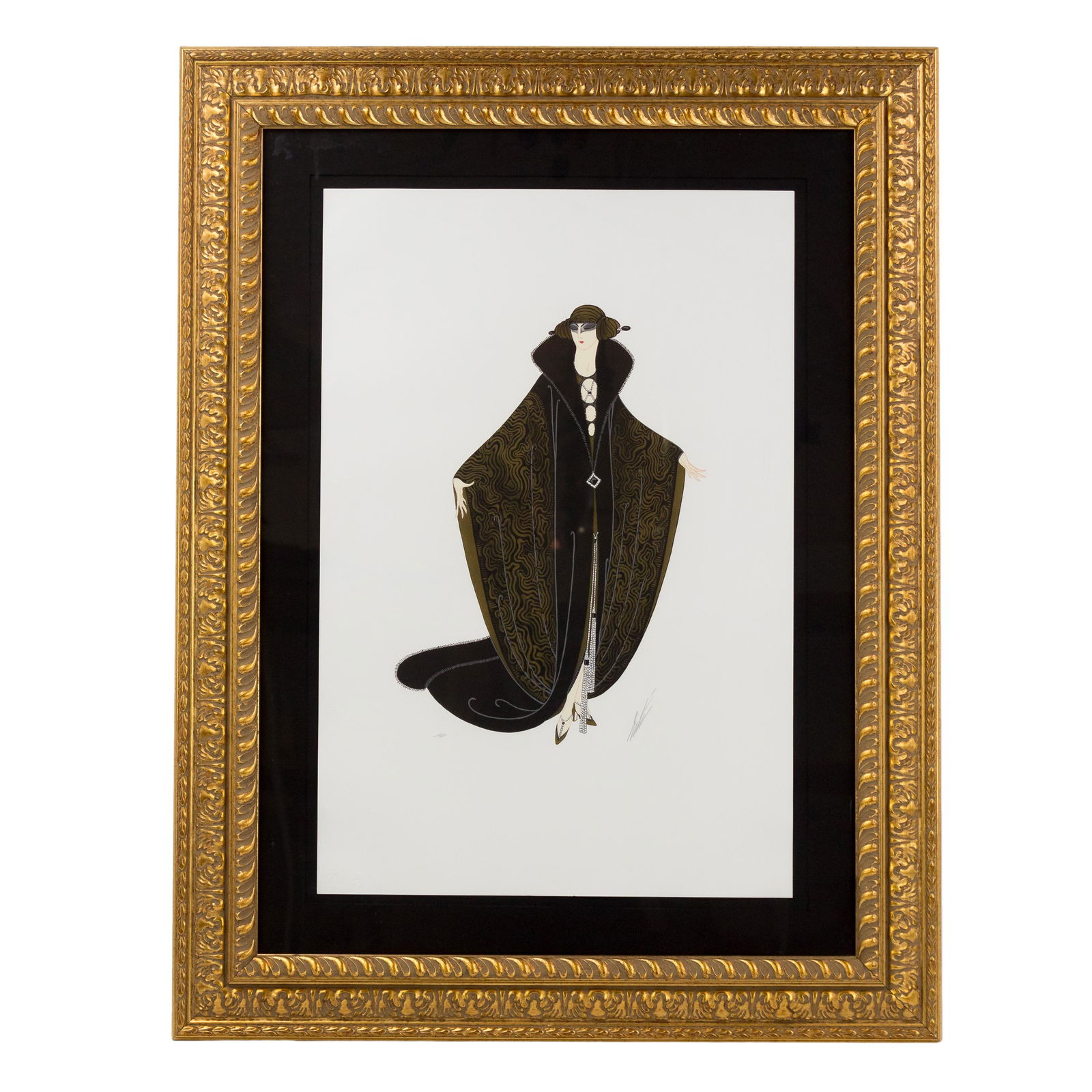Erte 1892-1900 Golden Cloak AP Signed Lithograph: Erte (Russian, French,1892-1900). Lithograph in color on paper. Titled "Golden Cloak," signed in pencil lower right, Artist Proof Edition. Blindstamp lower left. Printed by American Atelier, New York.