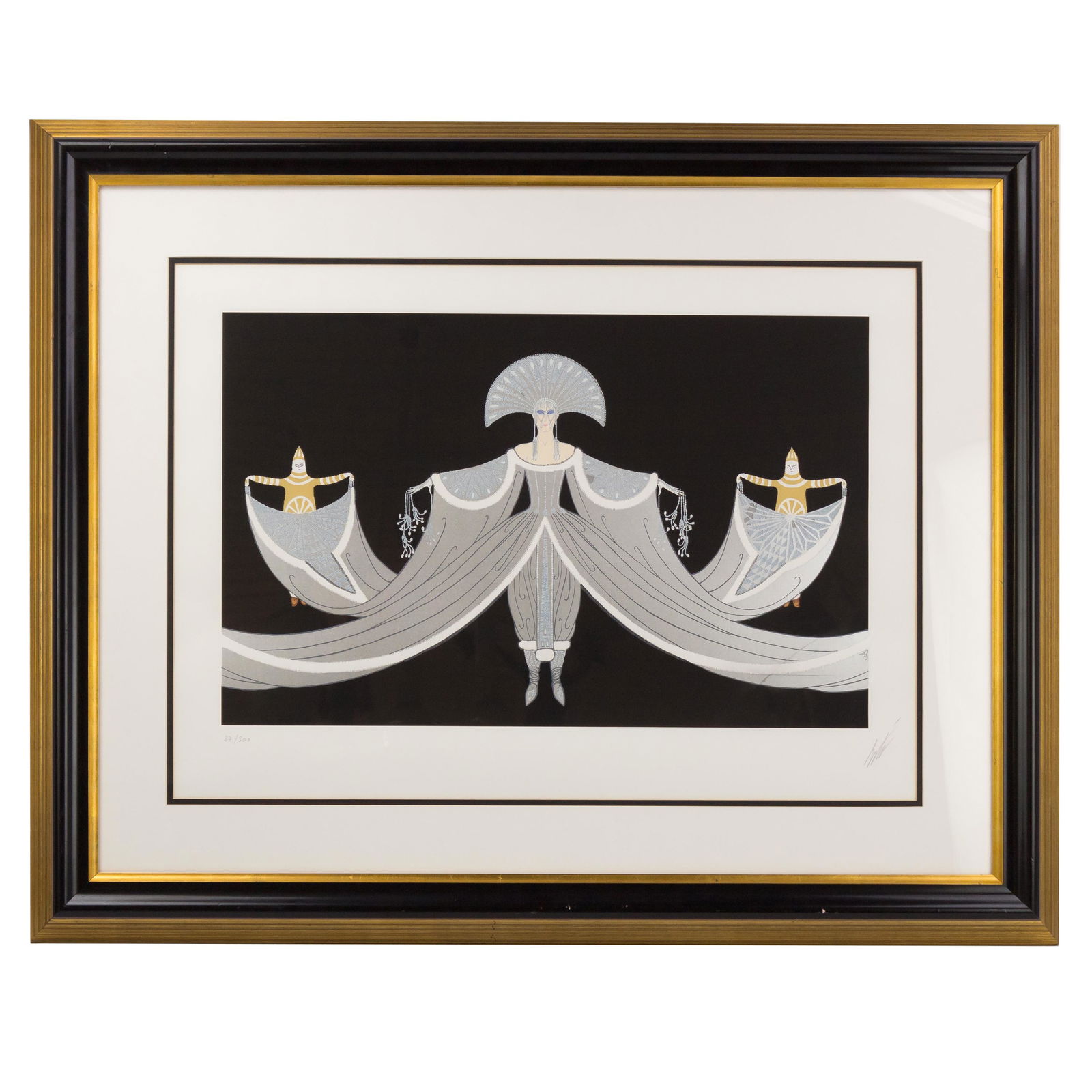 Erte 1892-1900 La Mer Blanche LE Signed Serigraph: Erte (Russian, French,1892-1900). Serigraph in color on paper. Titled "La Mer Blanche," signed in pencil lower right, numbered 87/300 lower left with blindstamp. depicting an Art Deco theme woman and