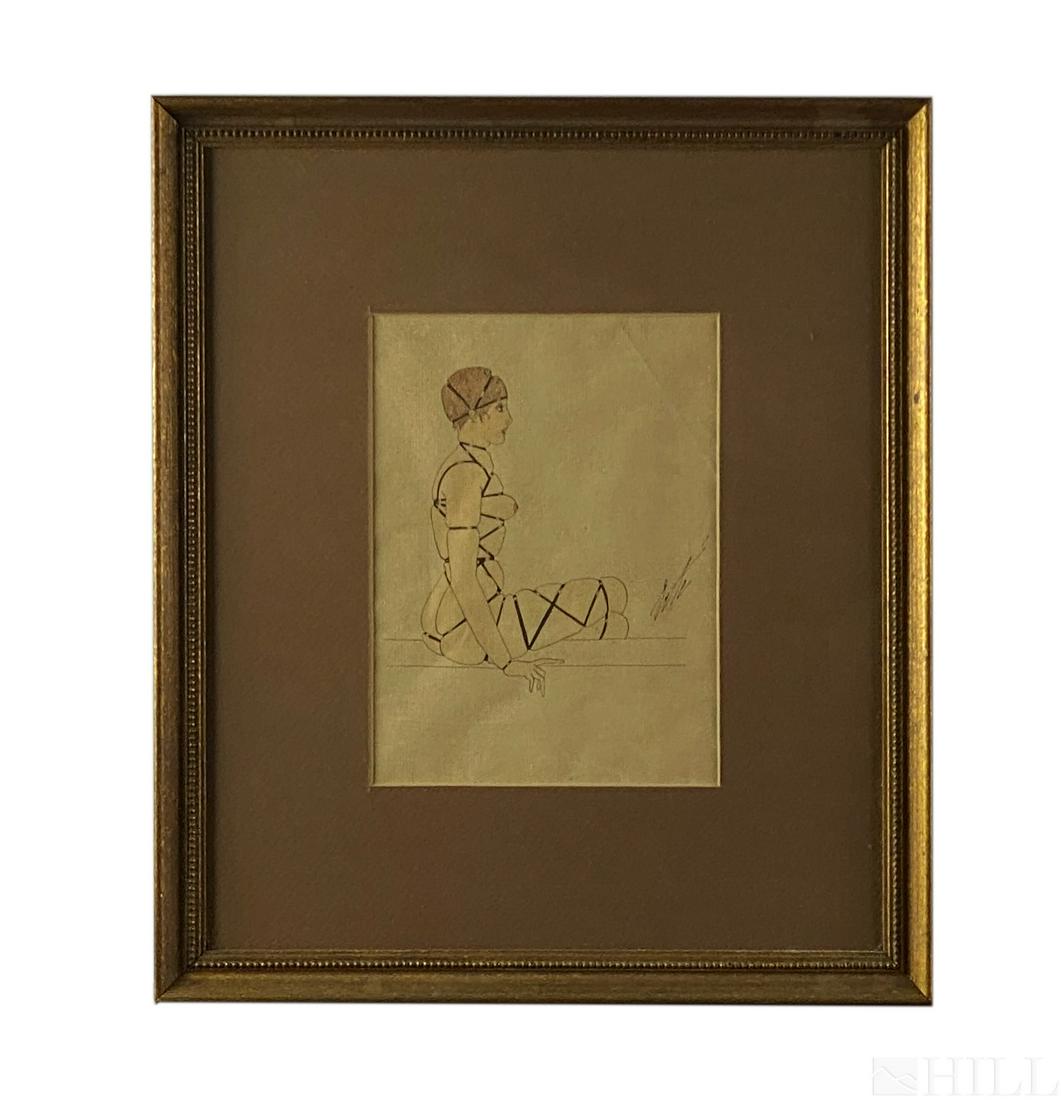 Erte Erotic Nude Woman In Bondage Litho SIGNED: After Erte, an erotic color lithograph print depicting a nude woman. Bears signature in plate, center right. Measures 9 in. x 8 1/2 in. (sight), 17 in. x 14 1/2 in. (framed). Good overall condition wi