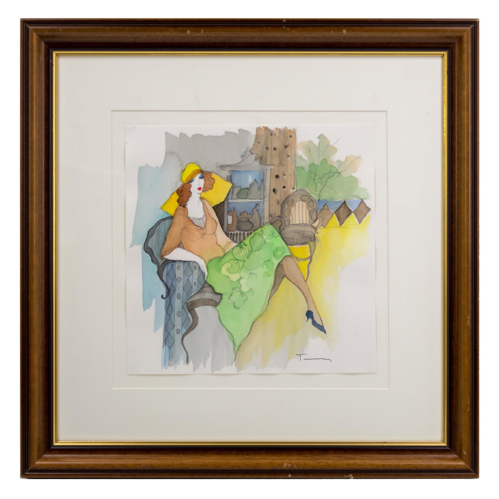 Itzchak Tarkay (1935-1912) LE Watercolor Serigraph: Itzchak Tarkay (Israeli,1935-1912). Watercolor over serigraph line drawing on woven paper. Signed in pencil lower right. Titled "Emmaline Waits #36." Depicting a woman, in bright yellow hat. Includes 