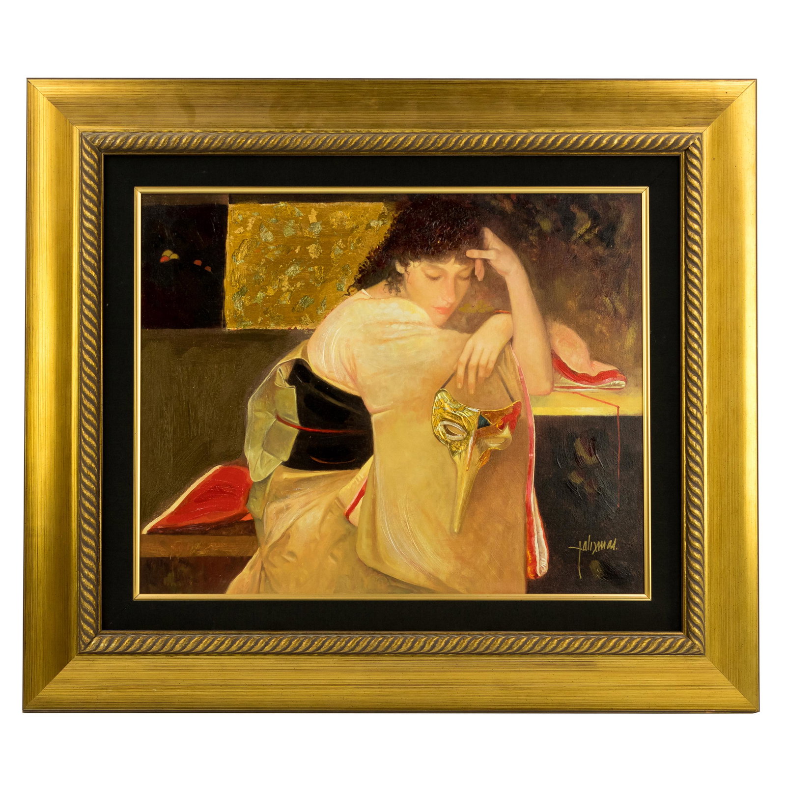 Felex Mas B.1935 La Mascara Signed Color Giclee: Felix Mas (Spain, b. 1935) Giclee in color with hand embellishments on canvas. Titled " La Mascara". Depicting a beautiful woman, holding a mask. Artist signature lower right. Label with painting info