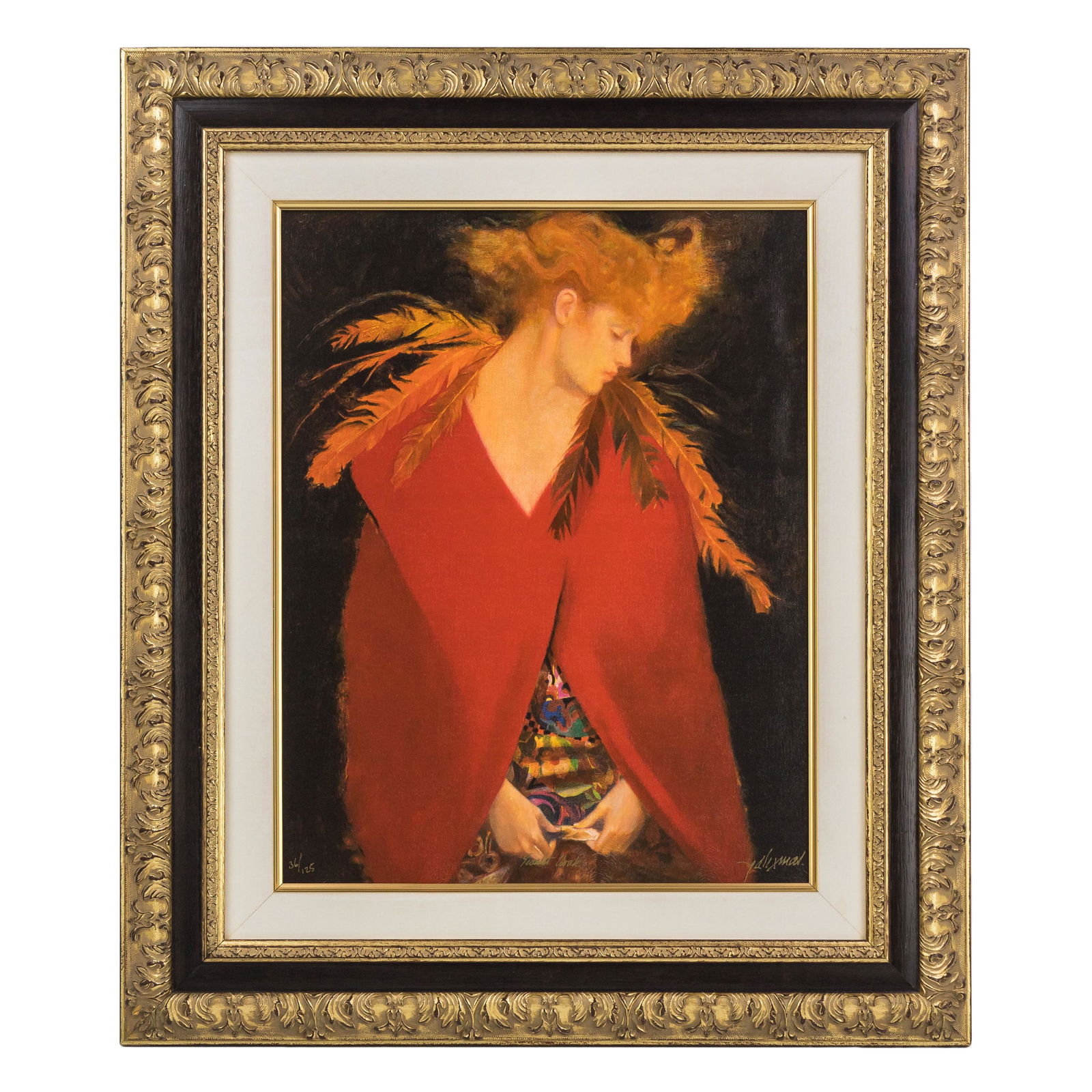 Felix Mas Spain B.1935 Signed Serigraph On Canvas: Felix Mas (Spain, b. 1935) Giclee in color with hand embellishments on canvas. Titled "Scarlet Cloak". and numbered 36/135. lower left and center. Artist signature lower right. Depicting a beautiful w