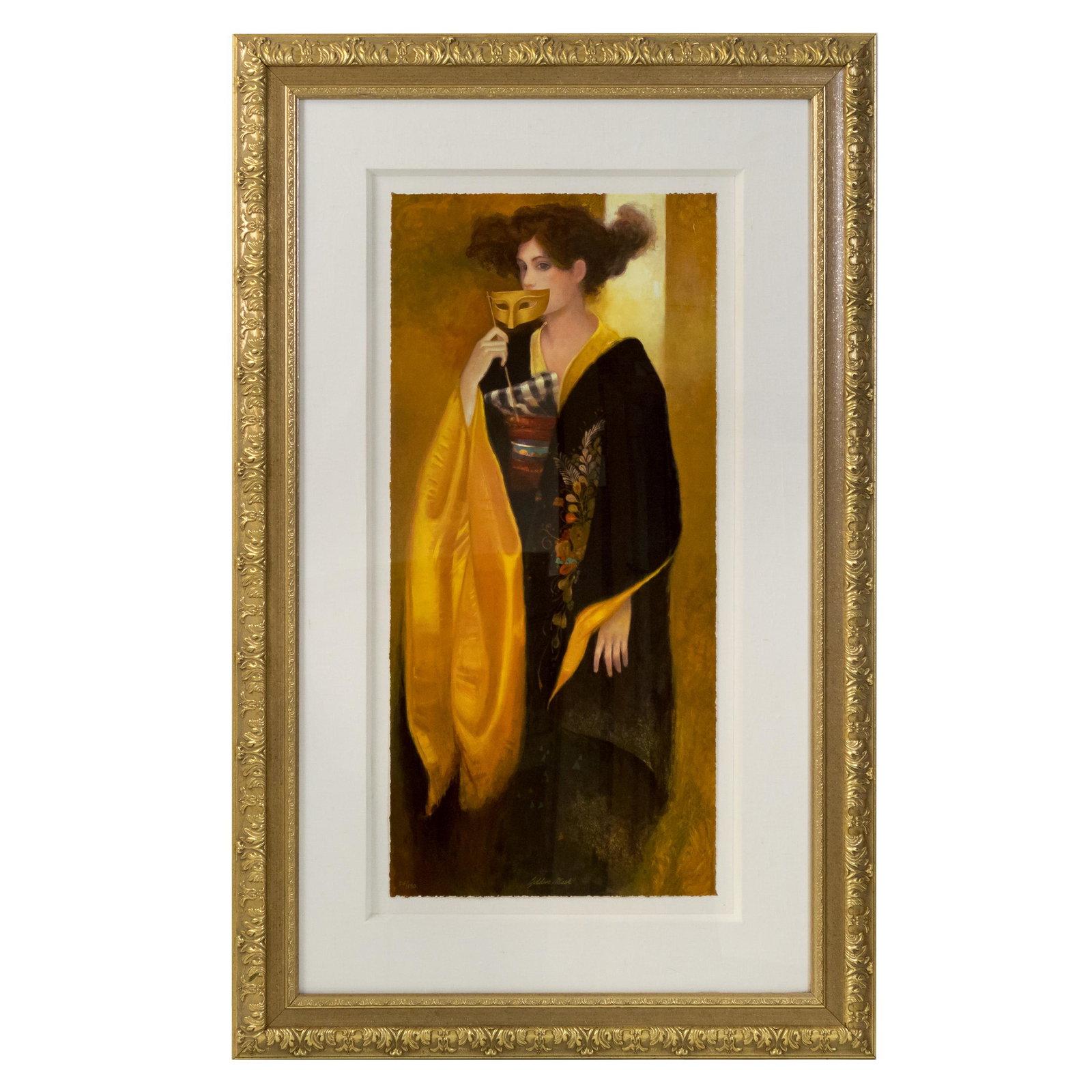 Felix Mas B.1935 Signed Color Serigraph On Paper: Felix Mas (Spain, b. 1935) Serigraph in color on paper. Titled "Golden Mask", and numbered 316/350 lower left and center. Artist signature lower right. Depicting a beautiful woman, holding a gold mask