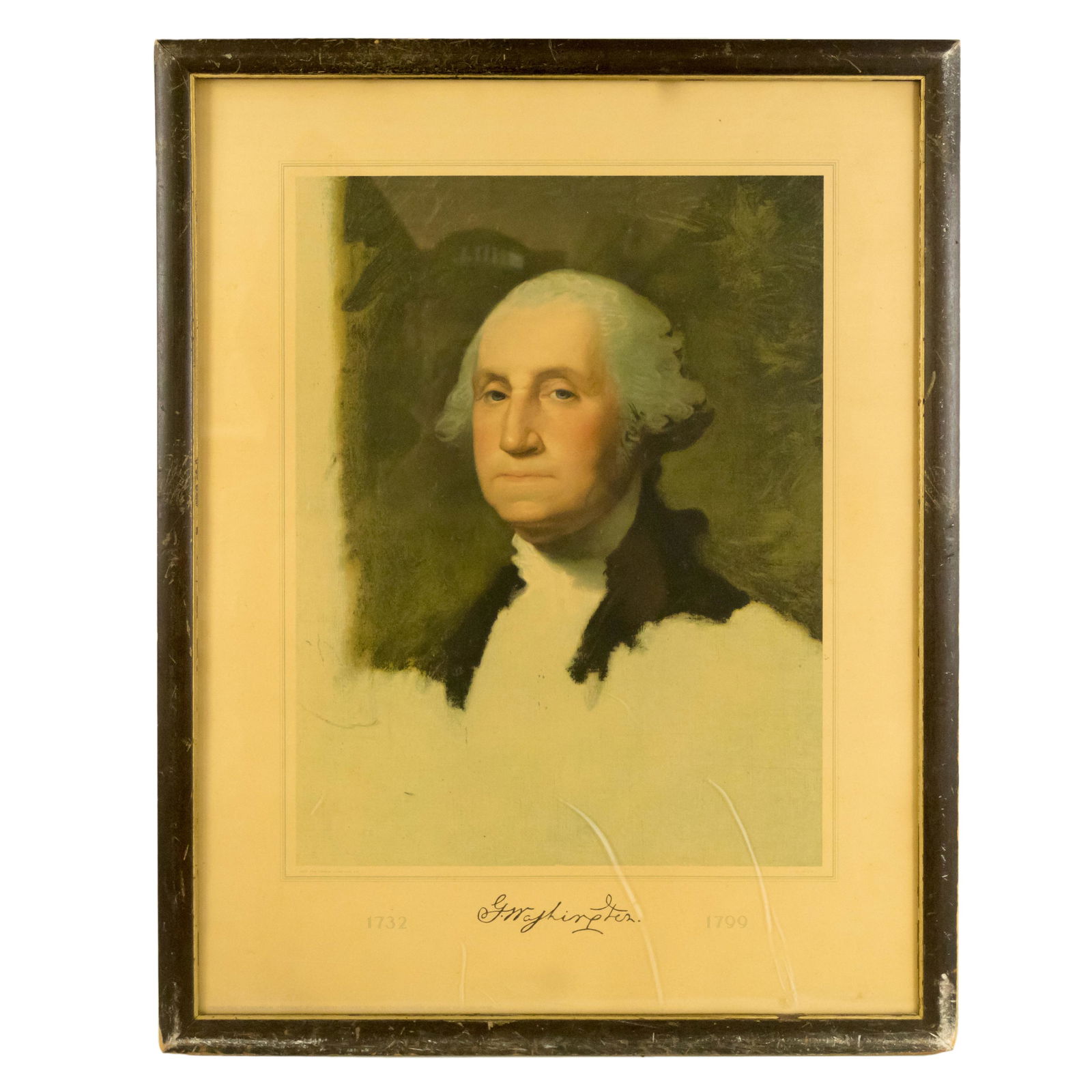 19th Century George Washington Athenaeum Litho: A framed Victorian lithograph, produced circa 1870 by Forbes Lithograph Company of Boston, after the famous Athenaeum Portrait by Gilbert Stuart (American, 1755-1828). Fair antique condition, age rela