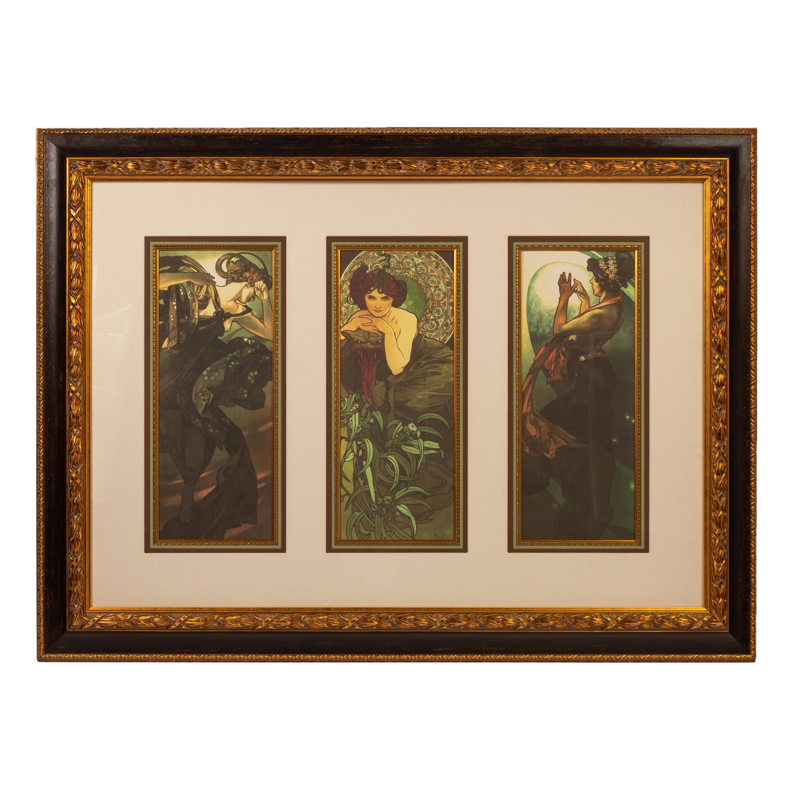 Alphonse Mucha Emerald Evestar Pole Star FRAMED: Alphonse Maria Mucha (Czech, 1860-1939). A framed three panel reproduction poster print suite of three important works by the Czech Art Nouveau painter, illustrator and graphic artist Alphonse Mucha,