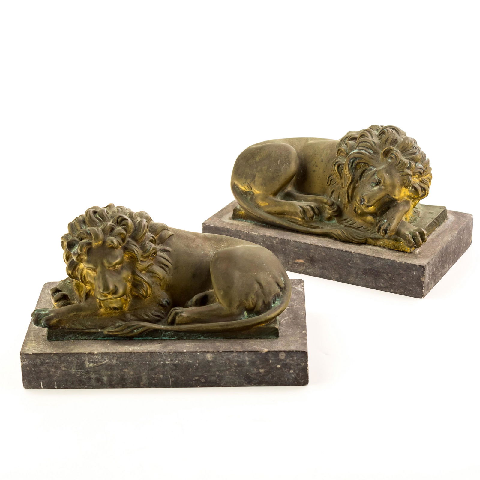 Sleeping Lion Cast Bronze Statues on Marble PAIR (1 of 7)