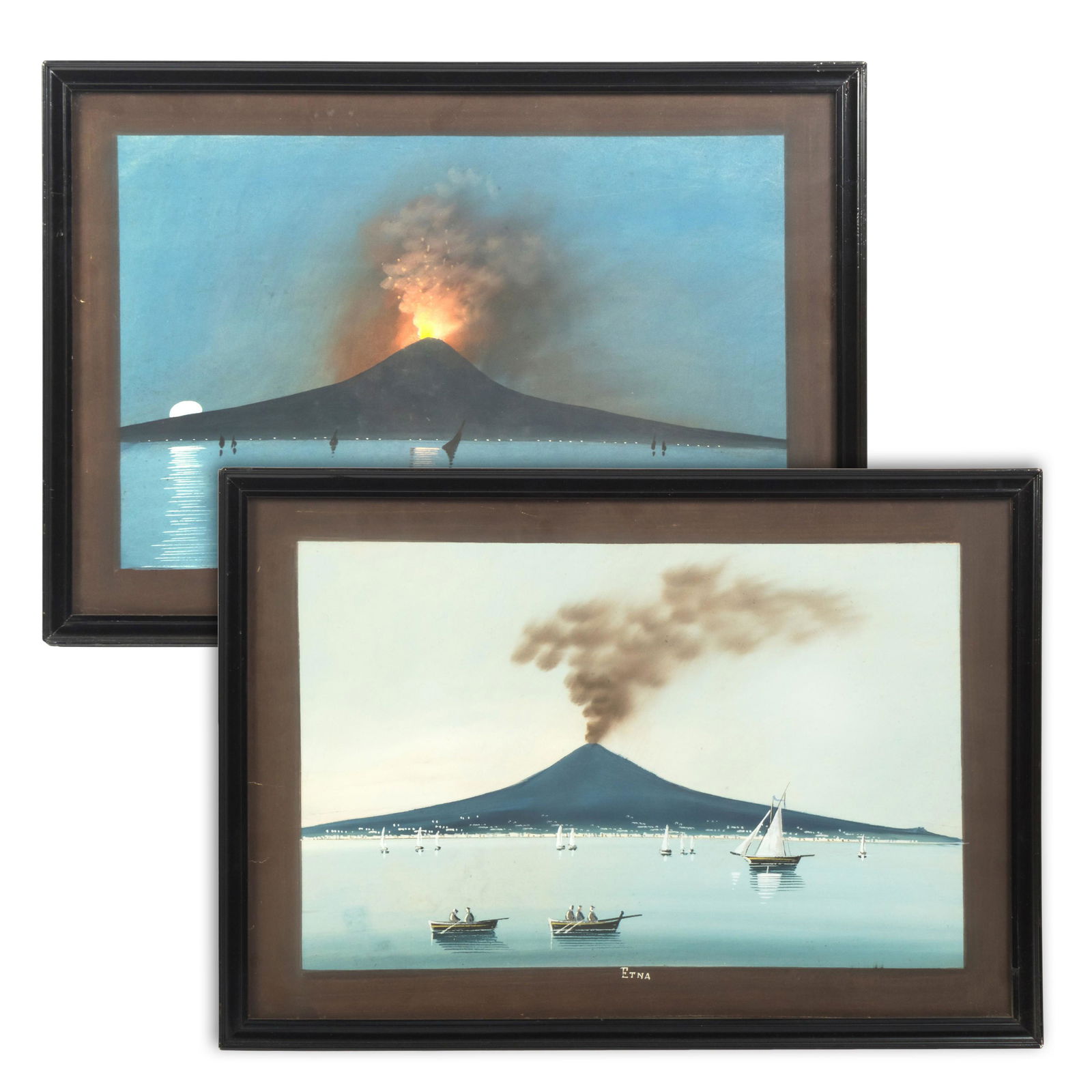 Neapolitan School Mt. Etna Gouache Paintings PAIR (1 of 10)