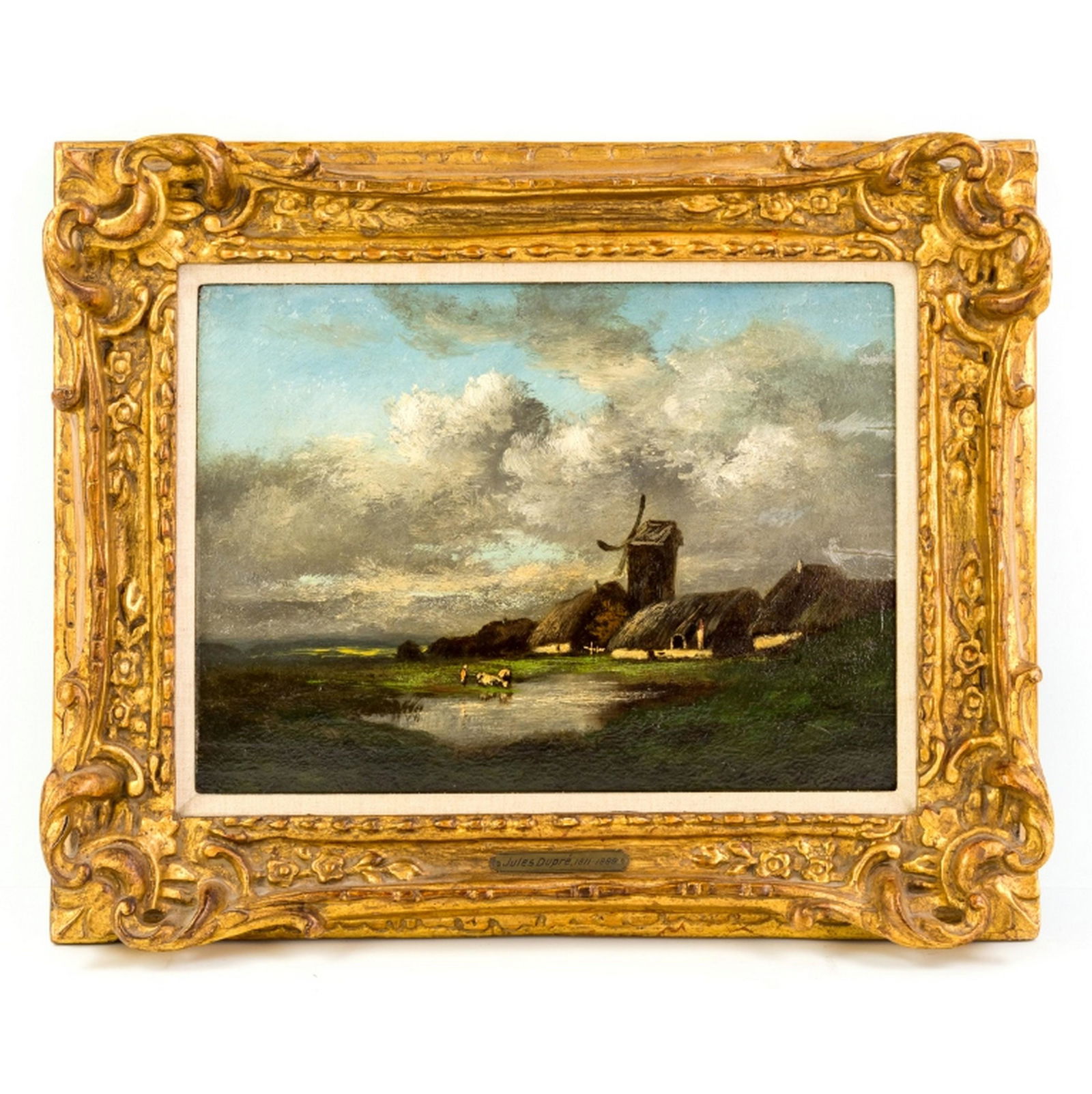 Jules Dupre 1811-1889 Barbizon Landscape Painting: Jules Dupre (French, 1811-1889). Signed original oil painting on board landscape, sheep and windmill in the Barbizon School style. Artist signature lower right. J George Mayer letter attached to verso