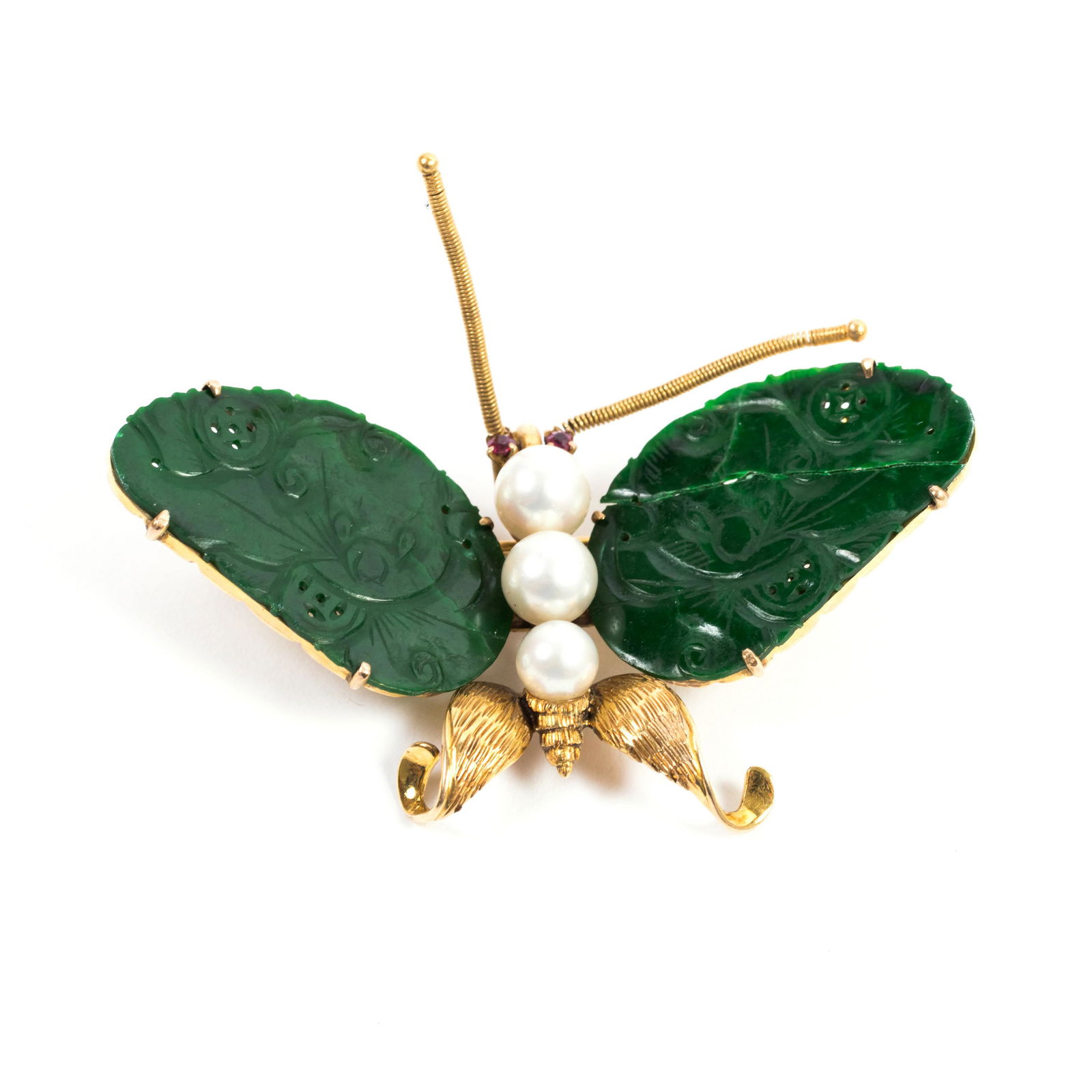 10k Gold Jade Akoya Pearl & Ruby Butterfly Brooch (1 of 7)