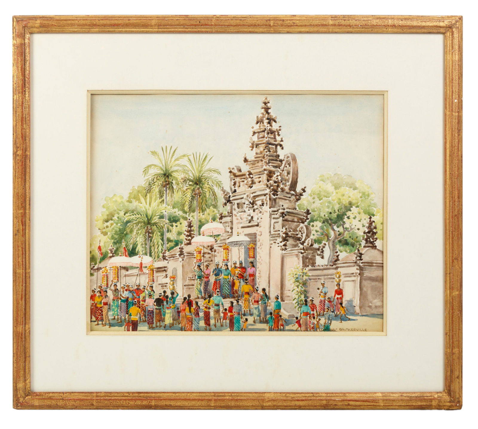 Charles Baskerville 1896-1994 Watercolor Painting: Charles Baskerville (American, 1896-1994). Signed original watercolor painting on paper, "The Big Procession," a religious gathering in a Southeast Asian temple. Signature lower right. Far Gallery lab