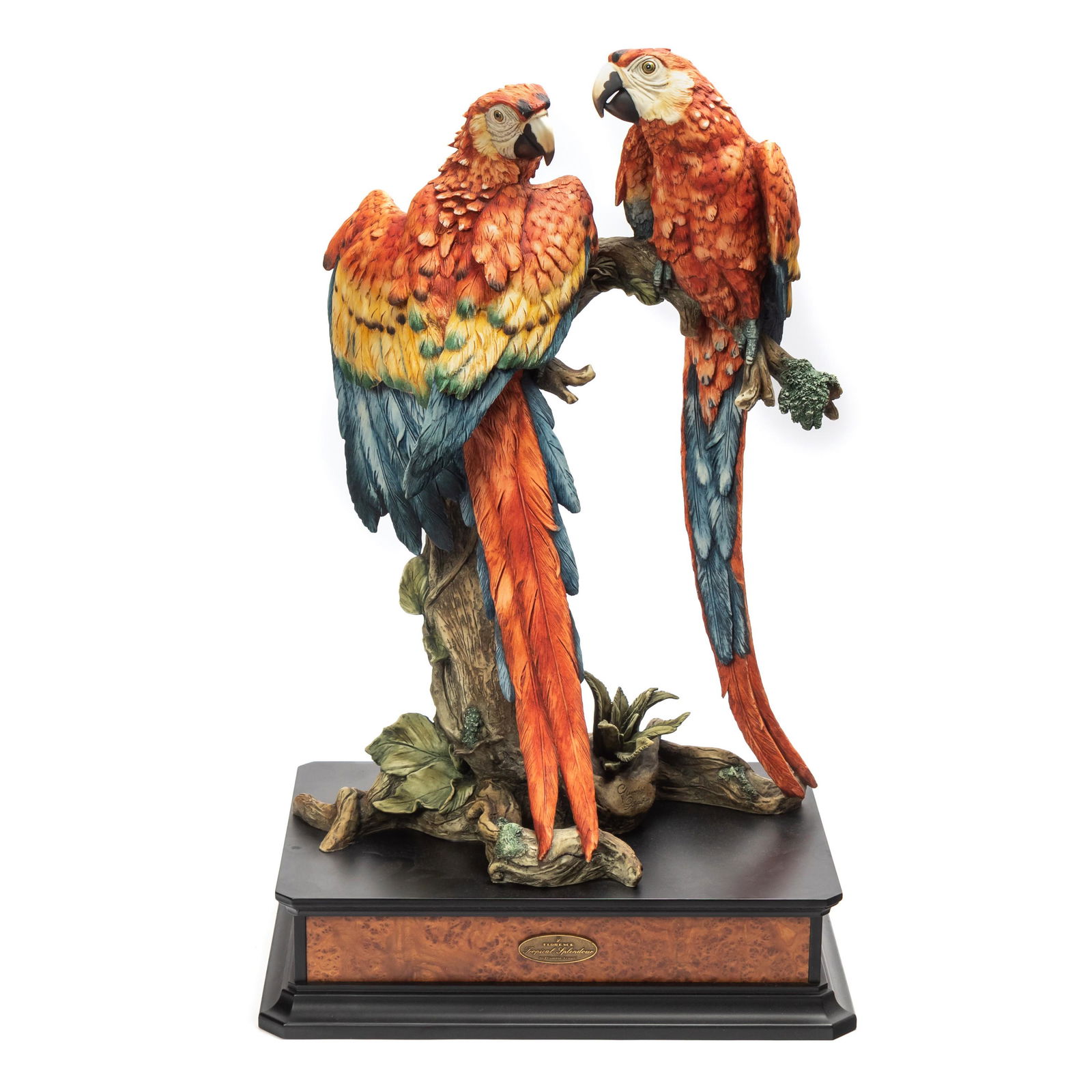 Armani Tropical Splendor Parrots AP Bird Sculpture: Giuseppe Armani (Italian, 1936-2006). Also called Tropical Splendour. Produced for Florence Sculture d'Arte (Tuscany). Limited edition artist's proof, hand crafted and modeled as two large colorful tr
