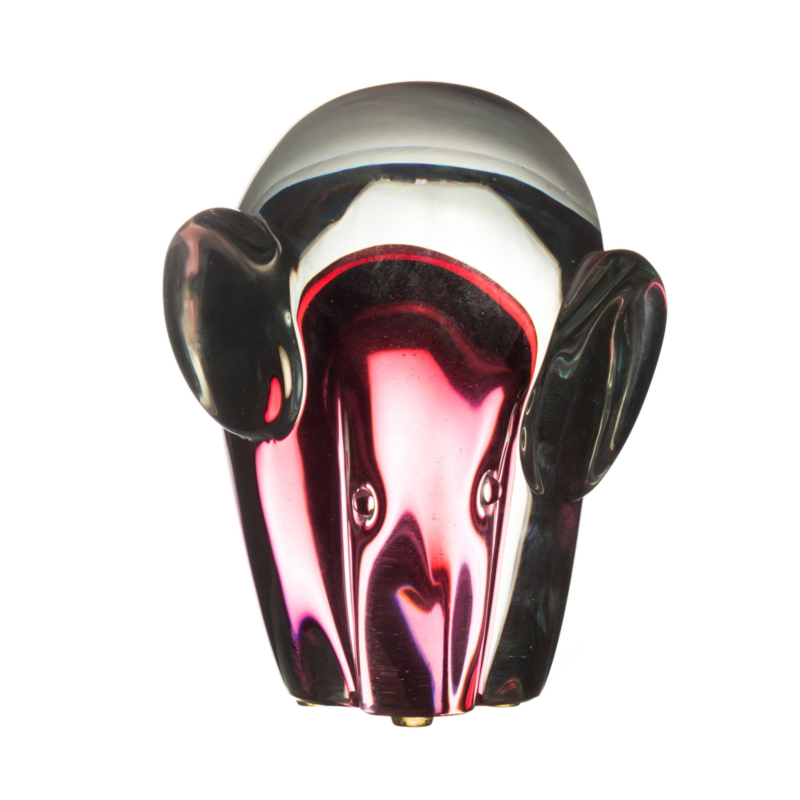 Murano Signed Italian Art Glass Elephant Figurine: Murano (Italy). Vintage mid 20th Century artisan signed art glass elephant with cranberry glass, cased in thick clear glass. Signed on base. Good overall condition with no damage to note. Measures 7 1