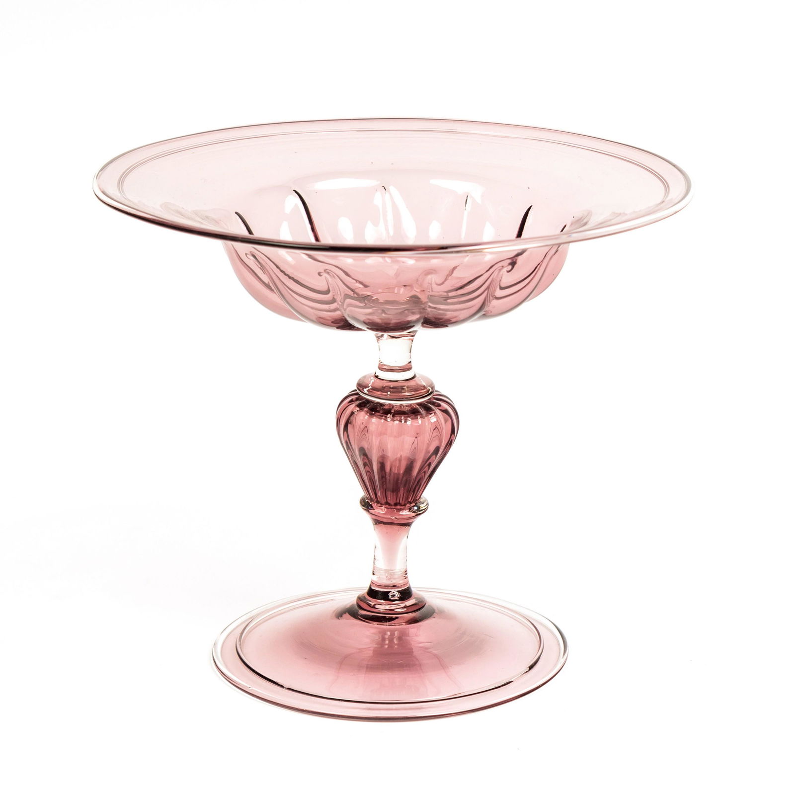 Venetian Murano Antique Amethyst Art Glass Compote: Antique Italian art glass compote, light purple with areas of clear glass on stem and rims. Unsigned. Good overall condition with no damage to note. Measures 7 in. x 8 1/4 in. Hill Auction Gallery in