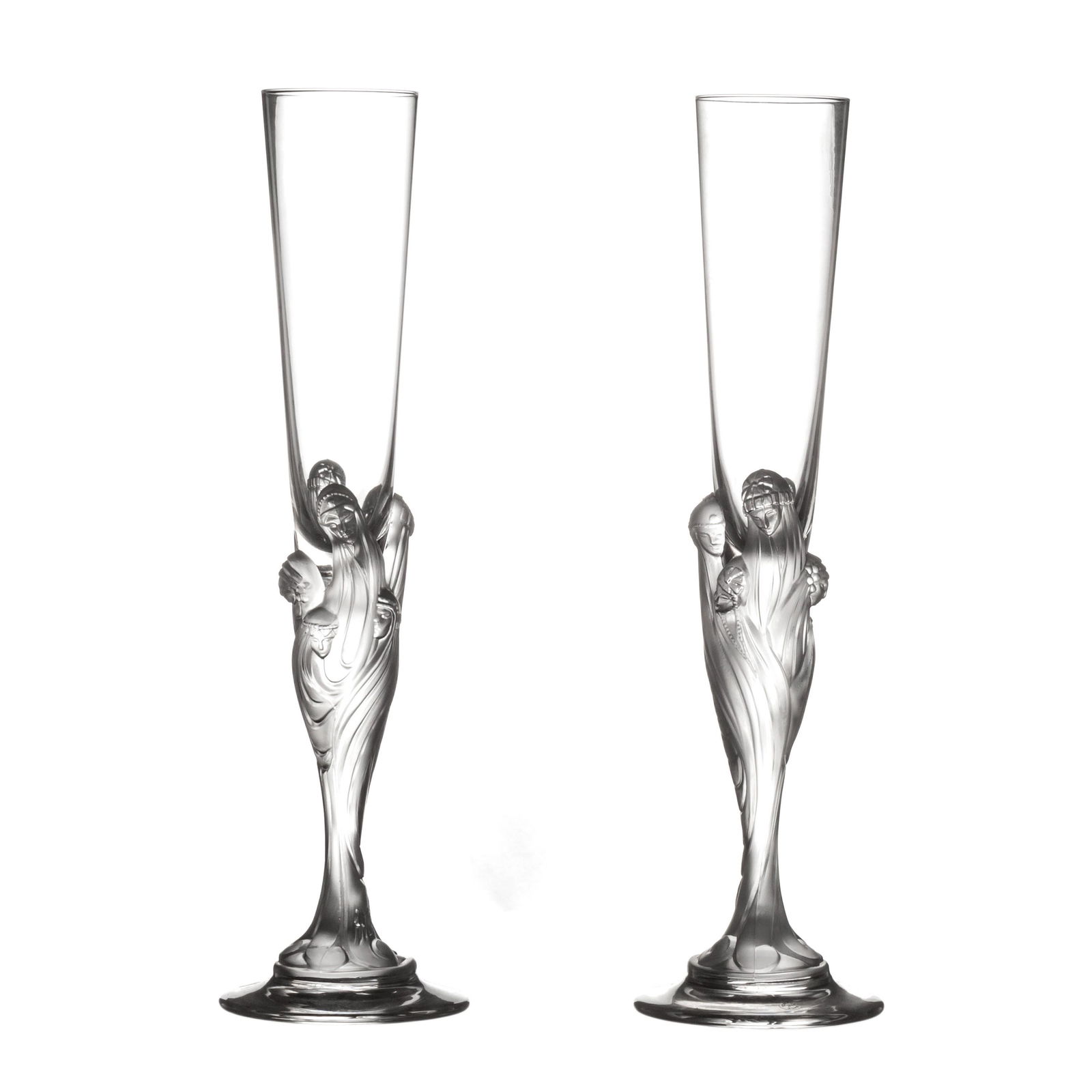 Erte Majestique Crystal 11" Champagne Flutes PAIR: Two French crystal champagne wine glasses in the Majestique pattern with seven women in frosted relief. Signed Erte France. Good overall condition with no damage to note. Measures 11 3/4 in. x 3 1/4 i