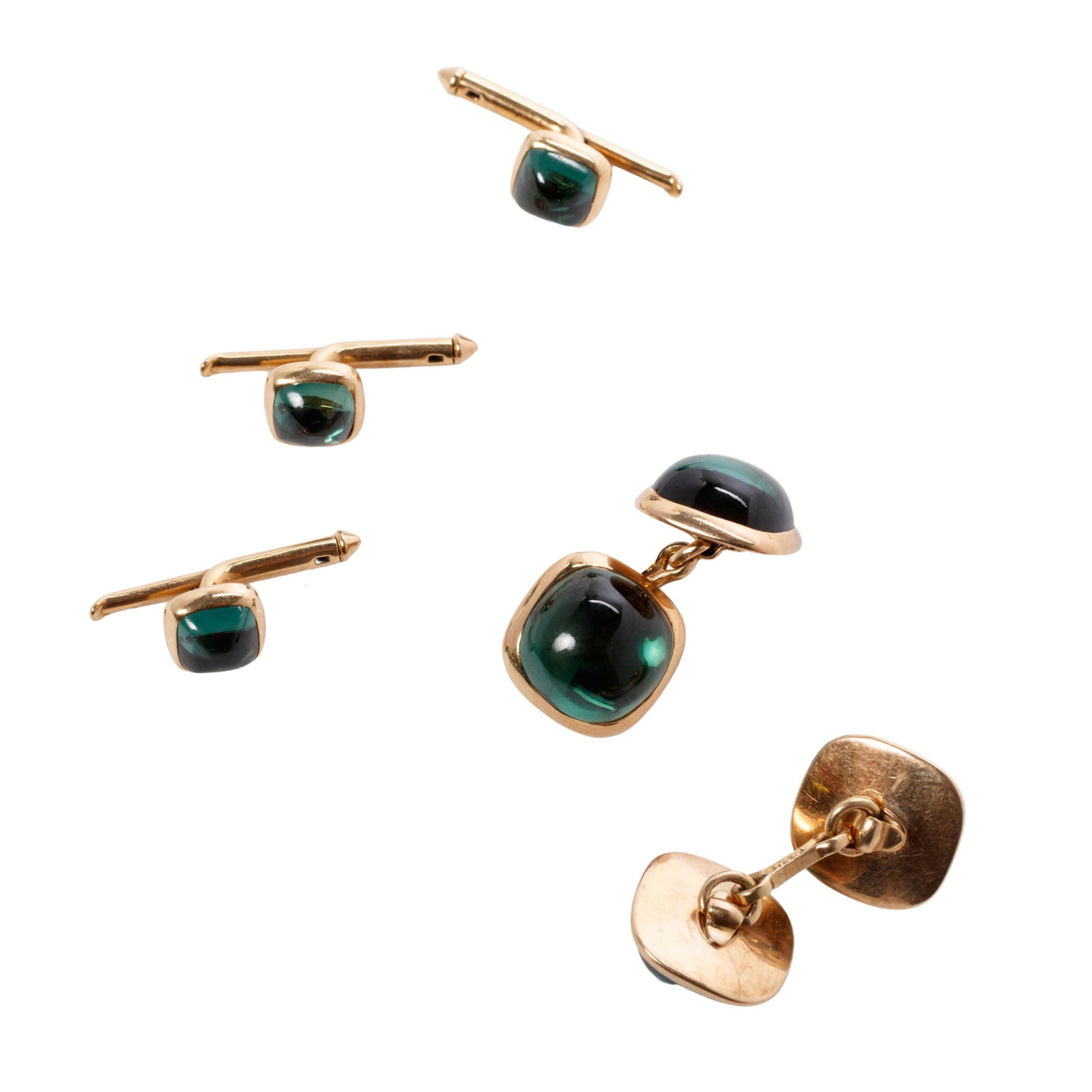 14k Gold Men's Green Cabochon Cufflink Dress Set (1 of 6)