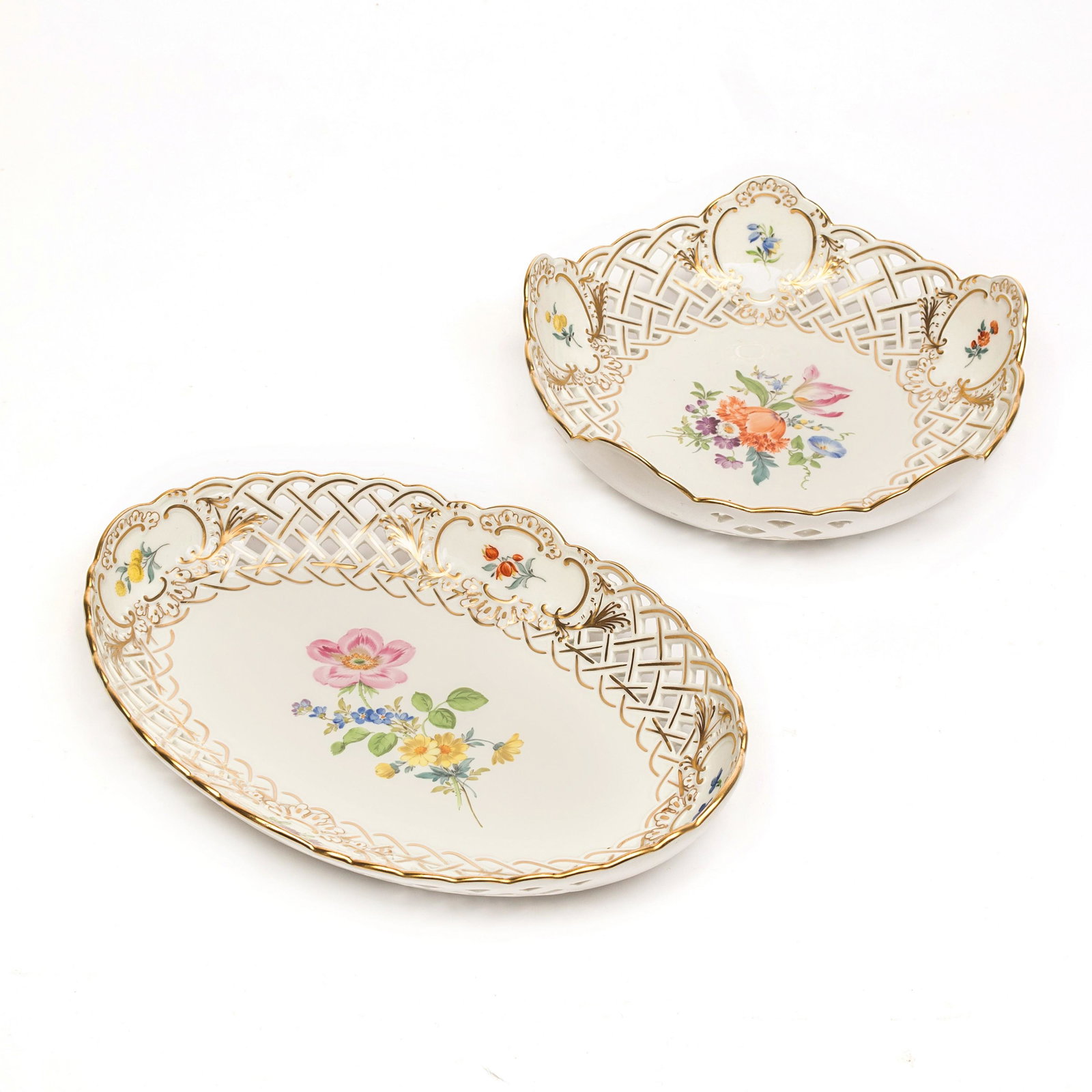 Meissen German Porcelain Floral Basket & Bowl PAIR (1 of 9)