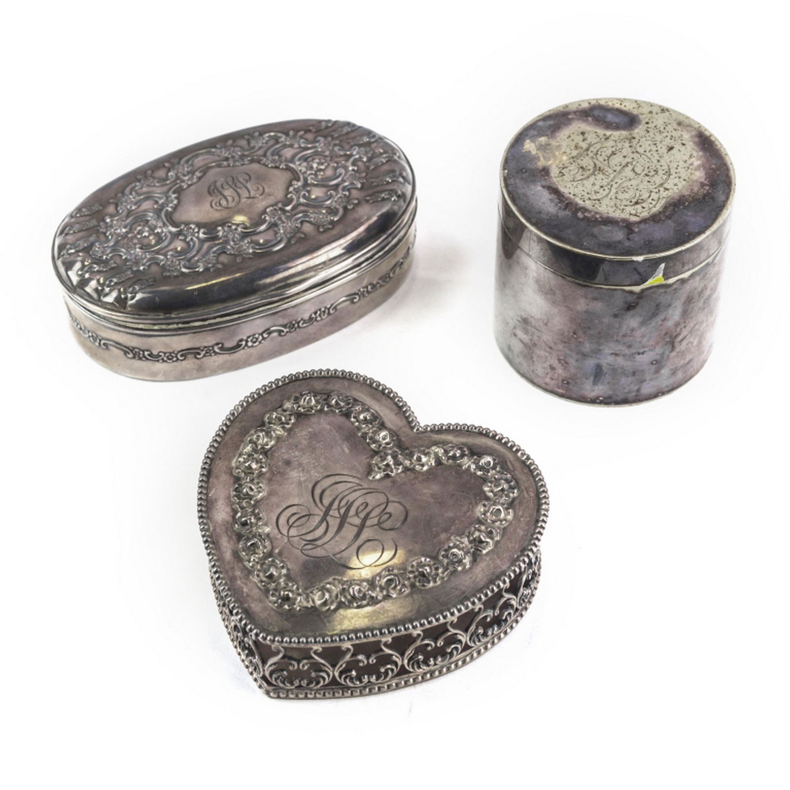 3 Silver & Plate Antique Dresser Trinket Boxes LOT (1 of 9)