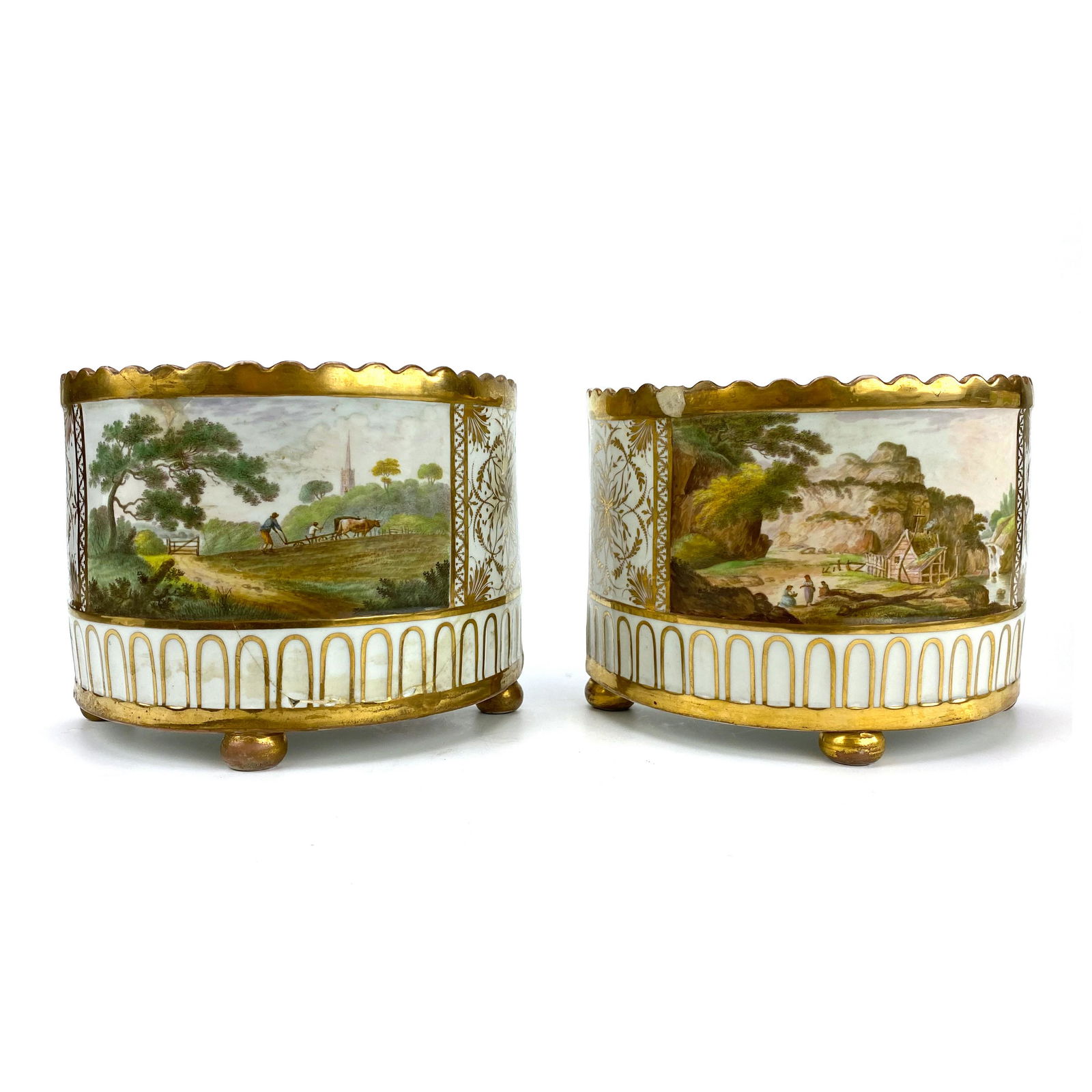 English Antique Scenic Porcelain Crocus Pots PAIR (1 of 8)