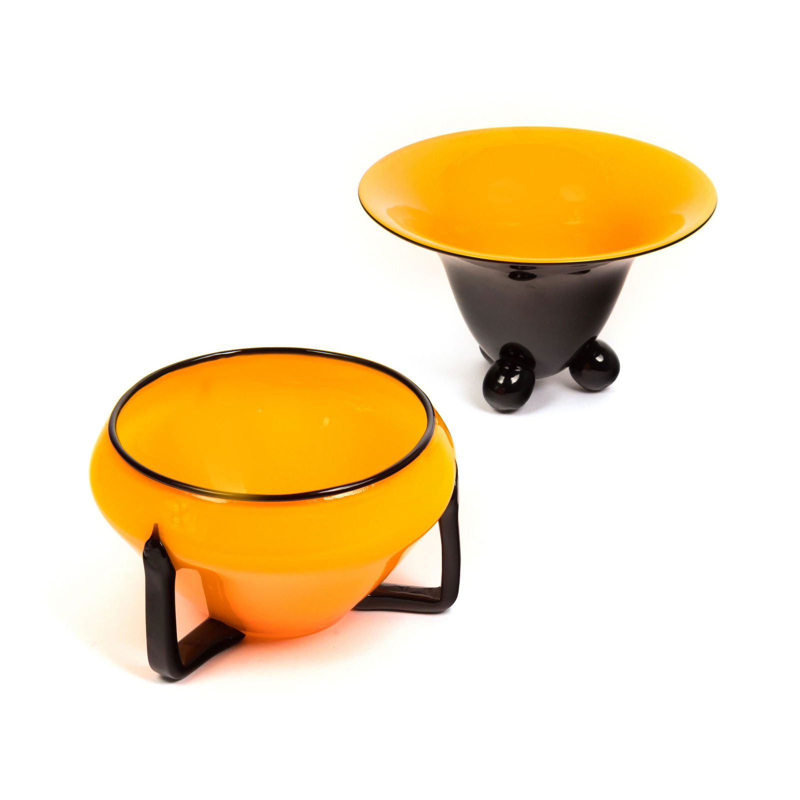 Loetz Powolny Art Deco Tango Art Glass Bowls PAIR: Two Art Deco Austrian glass bowls attributed to Michael Powolny for Loetz. Includes: a tri handled bowl, marked Czechoslovakia, measures 4 1/2 in. x 7 in. x 7 in.; and tri footed bowl, measures 5 in.