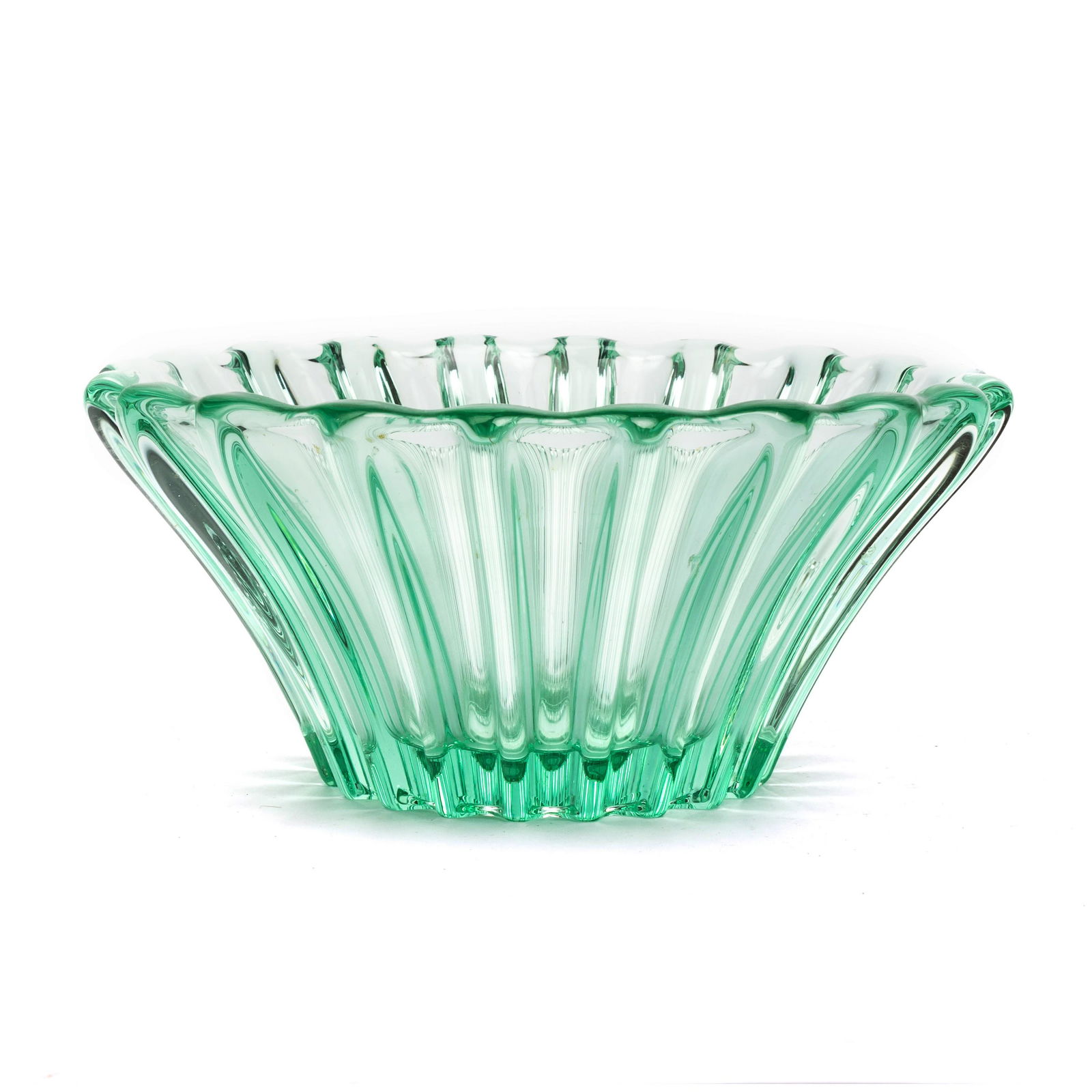 Pierre D'Avesn RARE French Art Glass Deco Bowl: Pierre d'Avesn (French, 1901-1990). Scarce French Art Deco green art glass bowl in a rippled conical form. Signed on base. Good overall condition with minor wear. Measures 4 1/2 in. x 10 in. Hill Auct