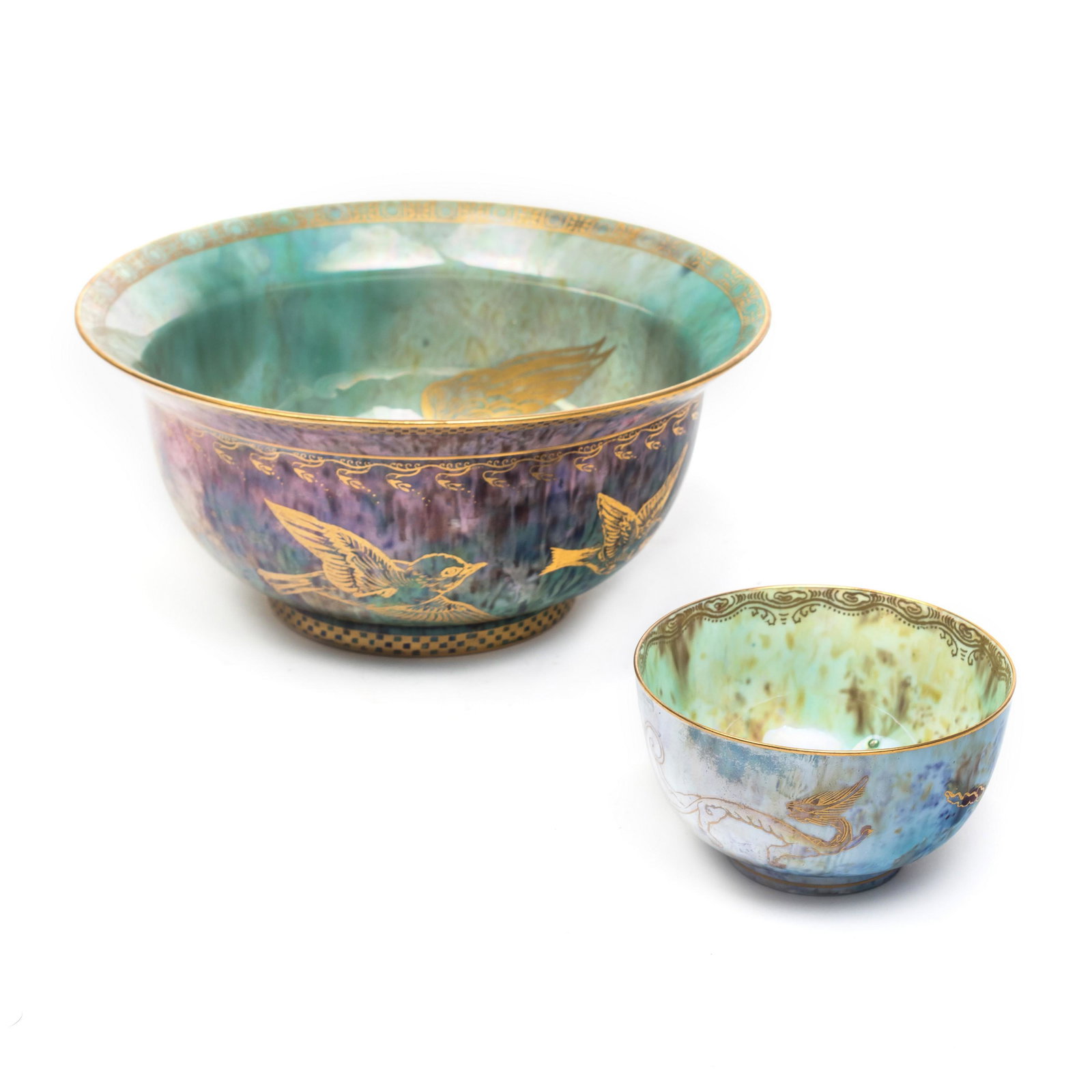 Wedgwood Fairyland Luster Dragon & Bird Bowl PAIR: Wedgwood (English). Two bowls in the Fairyland Luster pattern designed by Daisy Makeig Jones (1881–1945). The smaller footed bowl, in the motif of Dragon Luster, is decorated with dragons to interio