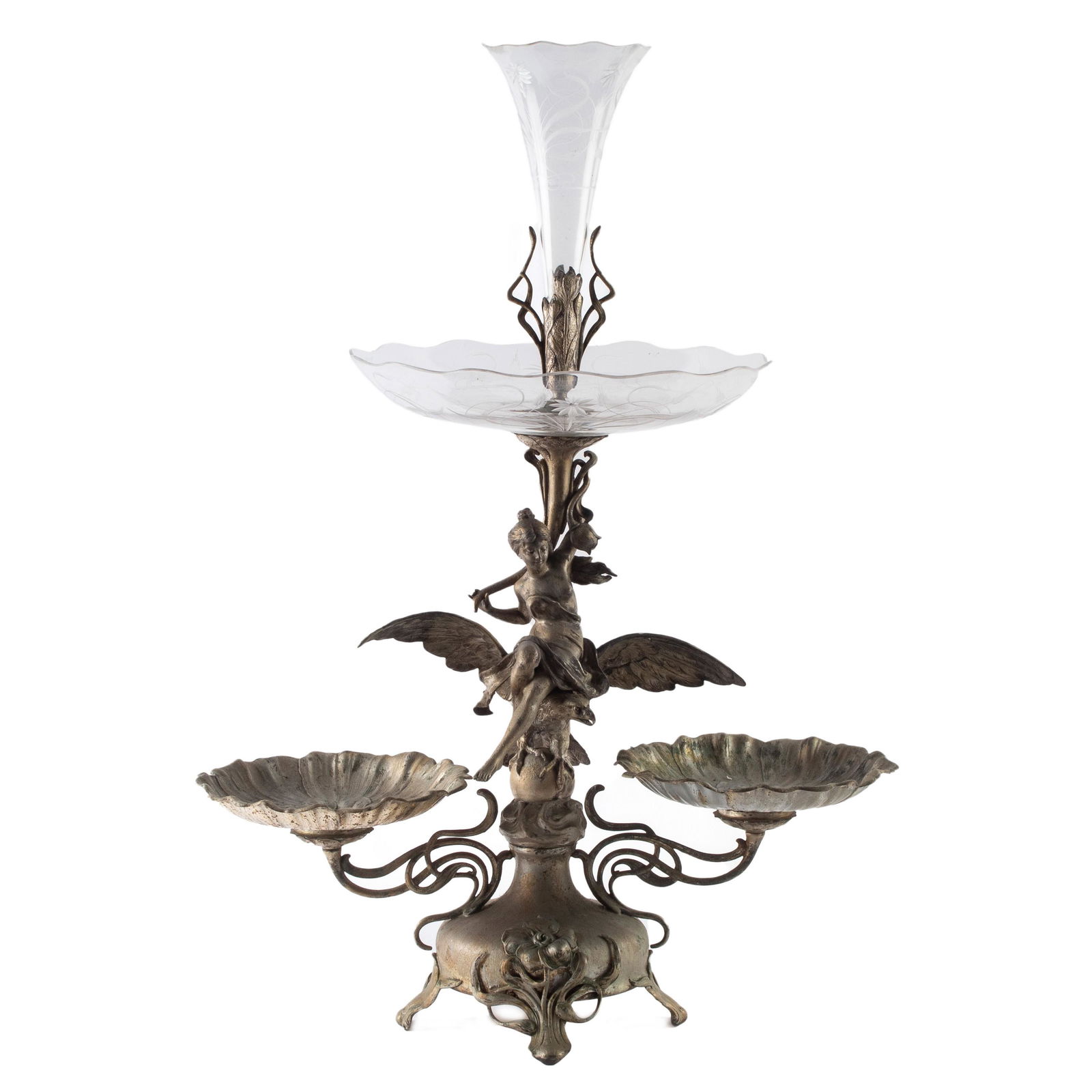 Art Nouveau 30" Gilt Metal & Etched Glass Epergne (1 of 6)