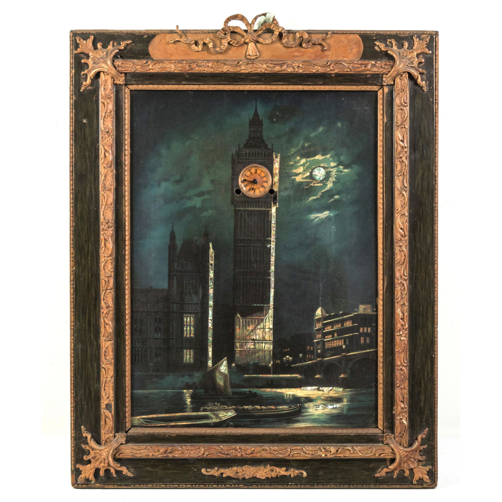 19th C. Night Scene English Big Ben Picture Clock: Victorian English Big Ben Picture Clock, c. 1900, with a musical movement that plays on the quarter hour, nocturnal scene embellished with mother-of-pearl, showing the River Thames with Houses of Parl