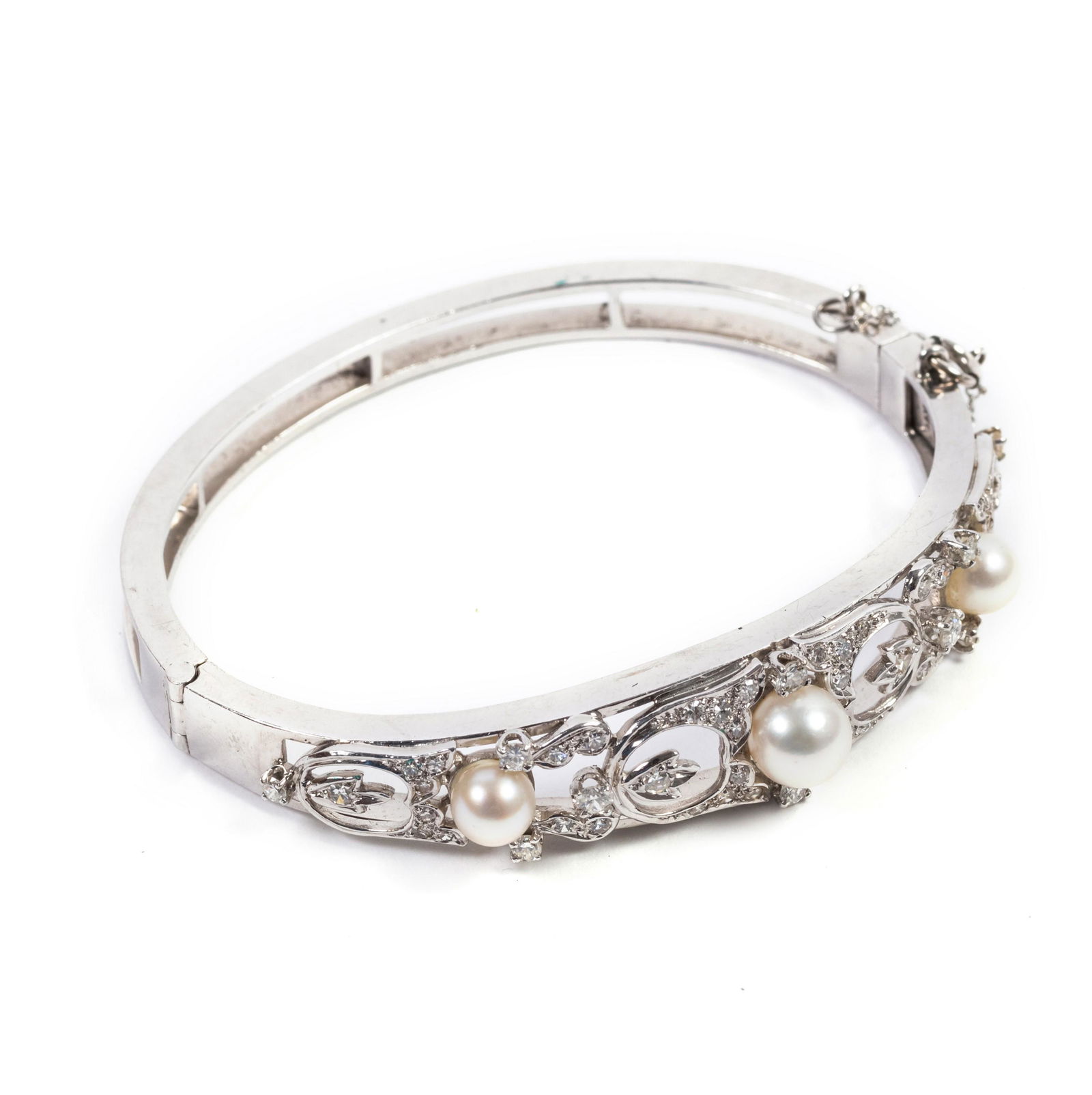 14k White Gold Deco Diamond & Akoya Pearl Bangle (1 of 6)