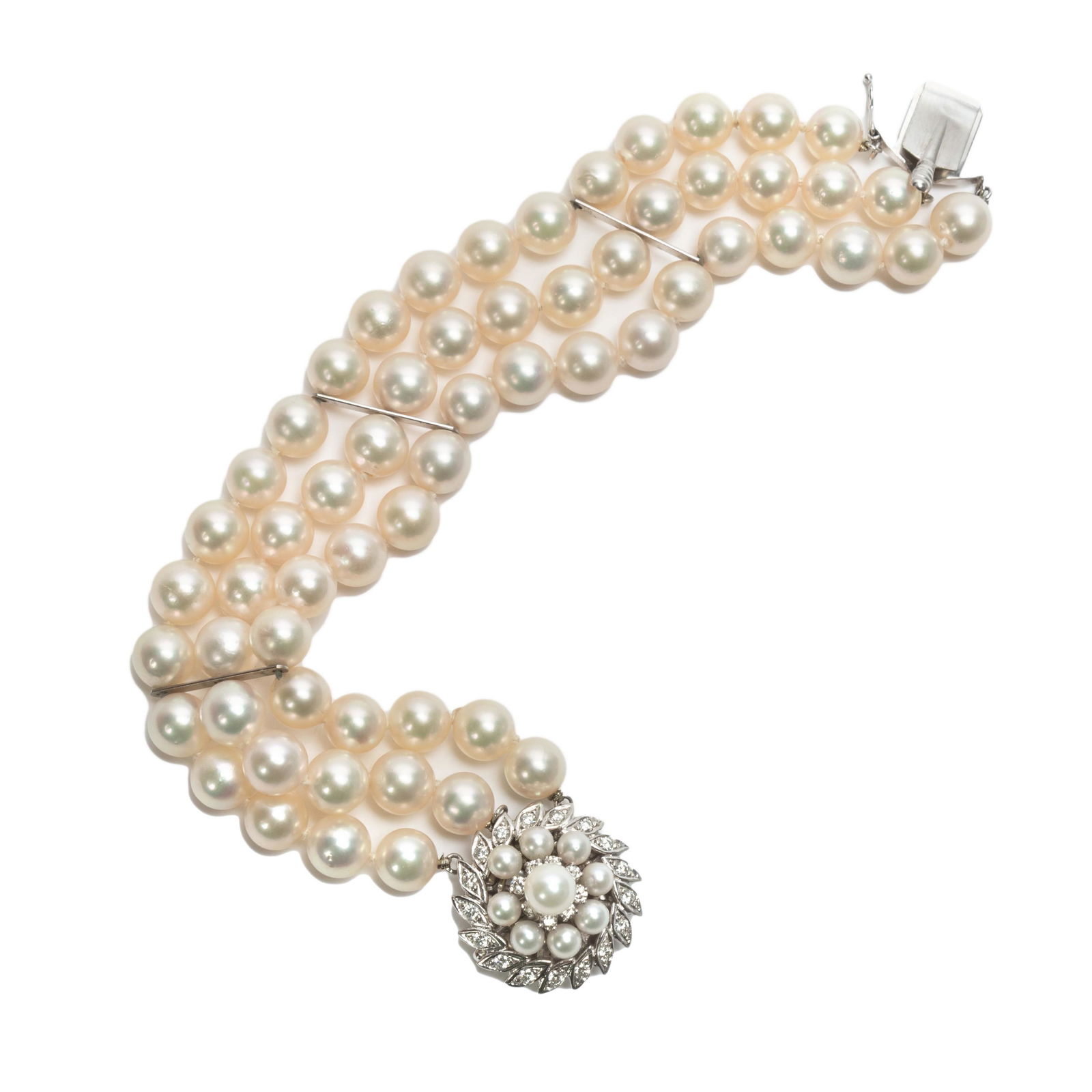 14k White Gold Diamond Clasp Akoya Pearl Bracelet (1 of 5)