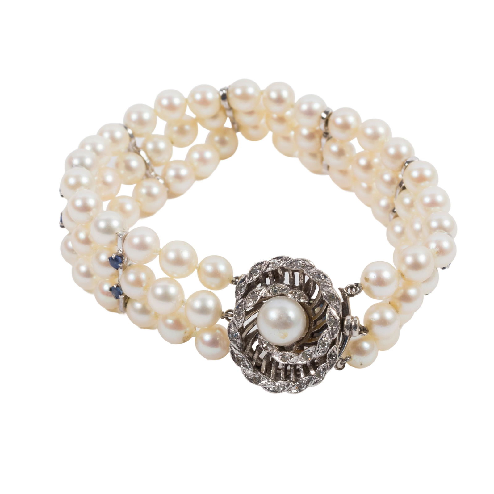 14k Akoya Pearl Diamond Sapphire Art Deco Bracelet (1 of 7)